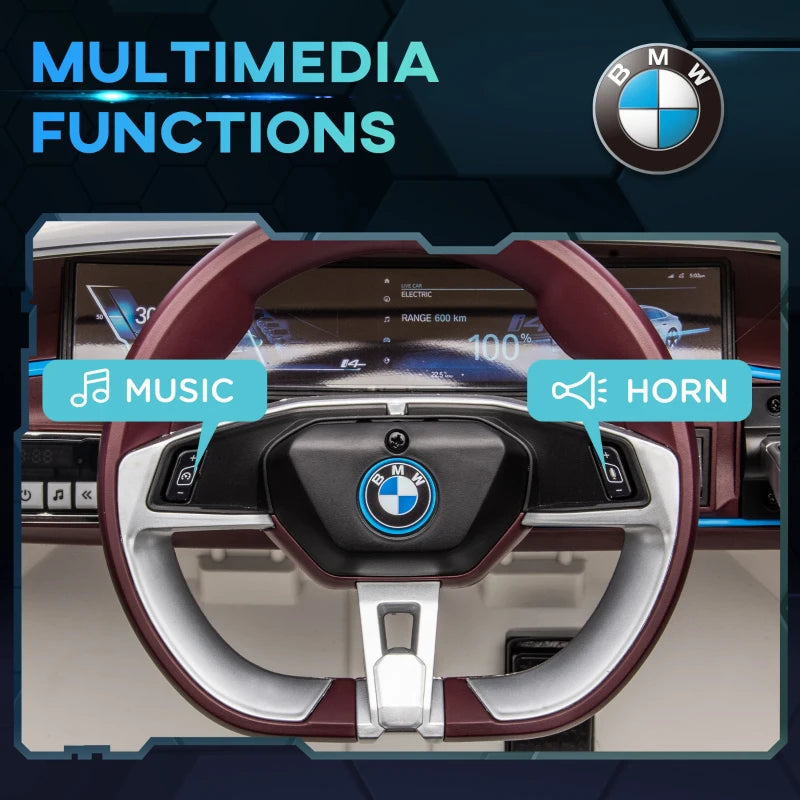 BMW i4 Licensed 12V Kids Electric Ride-On Car, White, Red and Light Blue