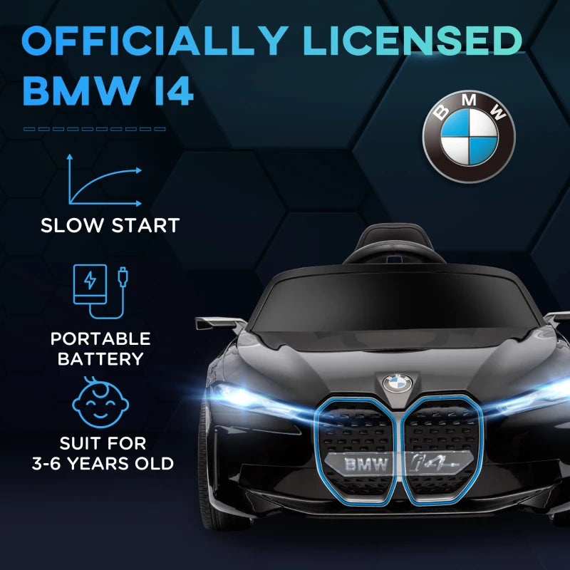 BMW i4 Licensed 12V Kids Electric Ride-On Car, with Remote Control, Portable Battery, Music, Horn, Headlights - Black