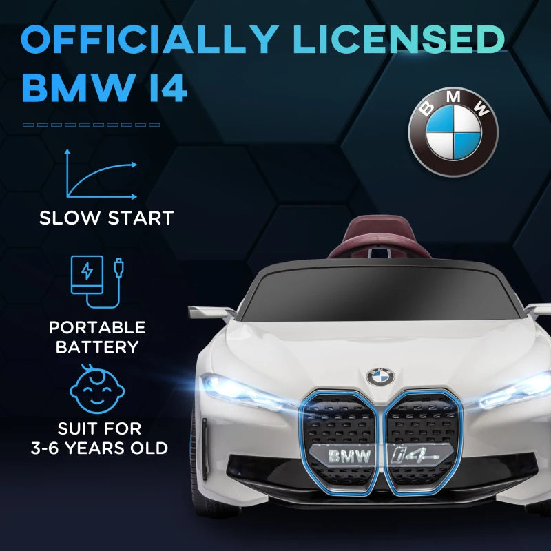 BMW i4 Licensed 12V Kids Electric Ride-On Car, White, Red and Light Blue
