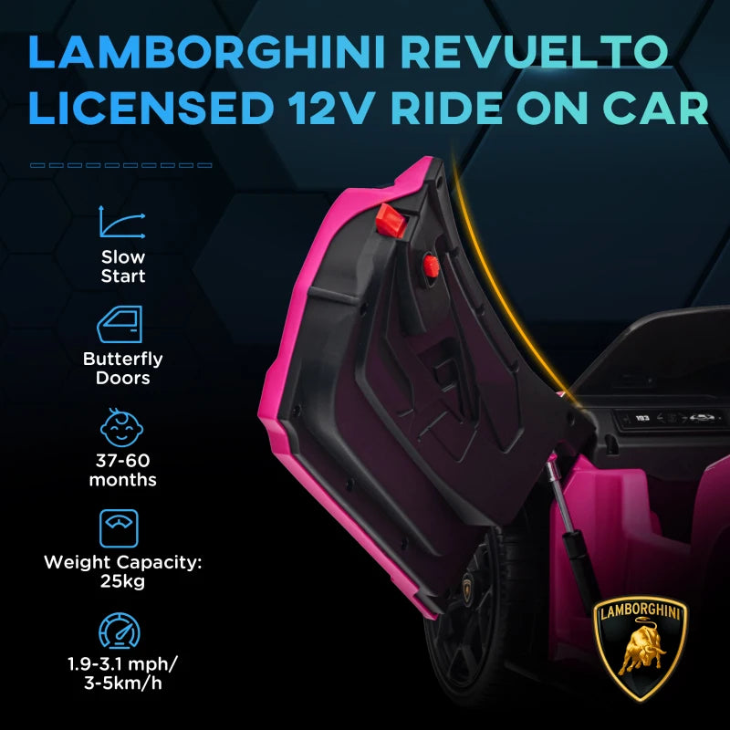 Lamborghini Revuelto Licensed 12V Ride on Car w/ Butterfly Doors, Transport Wheels, Suspension, Remote Control, Pink