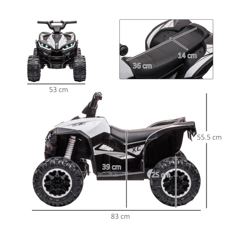 12V Ride-On Quad Bike w/ Music, Horn, for Ages 3-5 Years - White