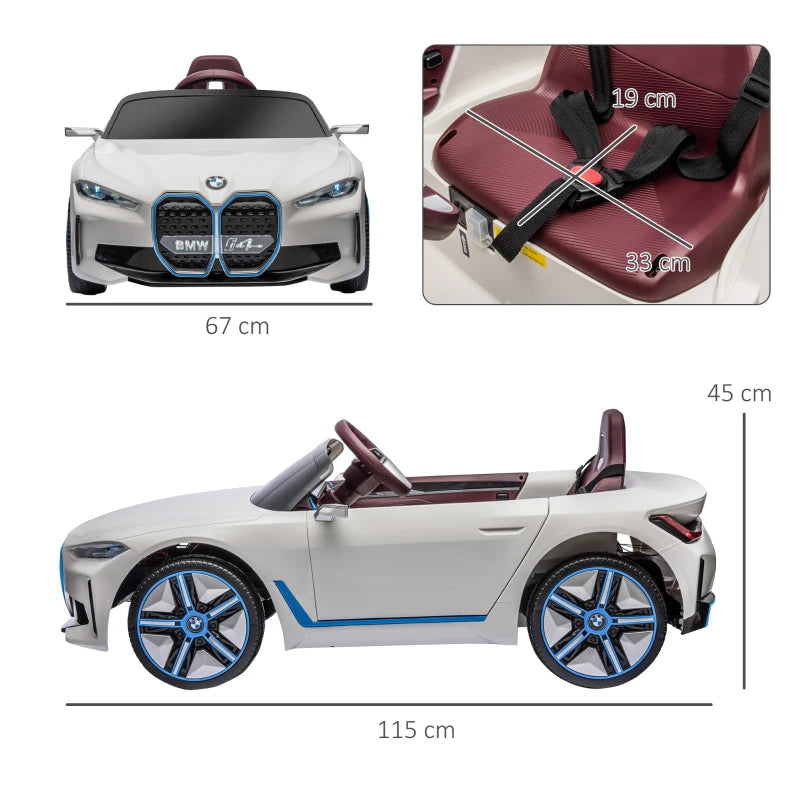 BMW i4 Licensed 12V Kids Electric Ride-On Car, White, Red and Light Blue