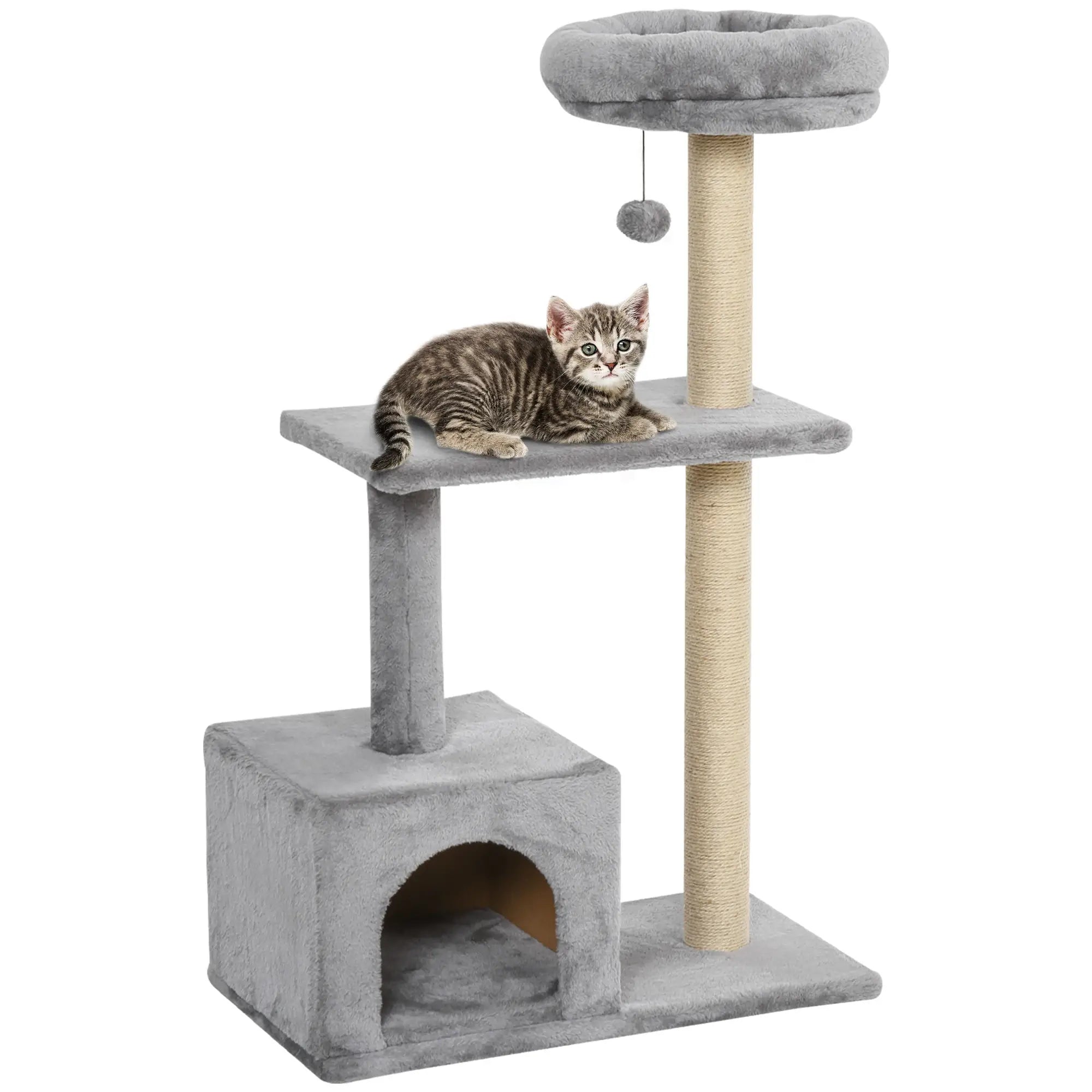 96cm Cat Tree for Indoor Cats Condo Sisal Scratching Post Cat Tower Kitten Play House Dangling Ball Activity Centre Furniture Grey