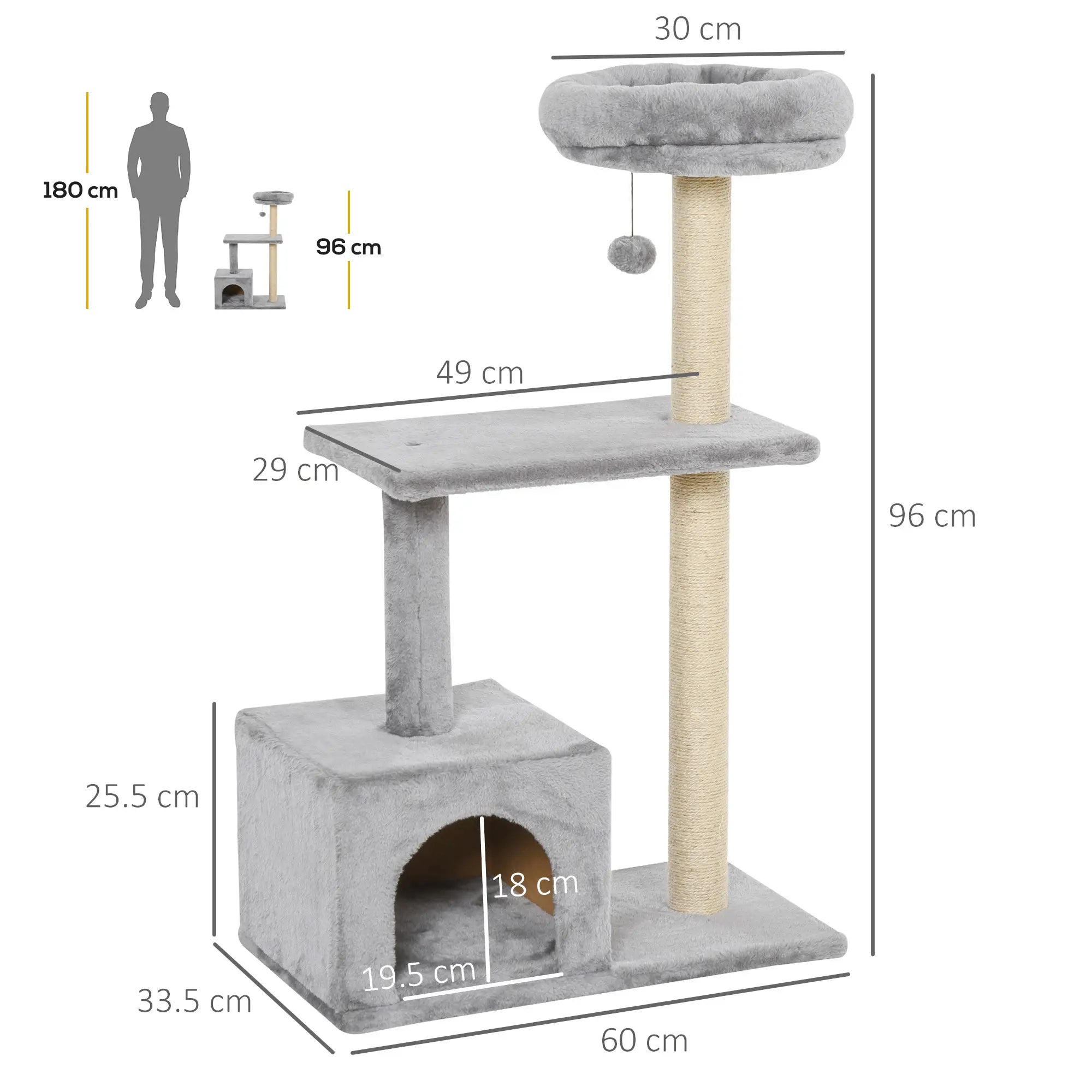 96cm Cat Tree for Indoor Cats Condo Sisal Scratching Post Cat Tower Kitten Play House Dangling Ball Activity Centre Furniture Grey