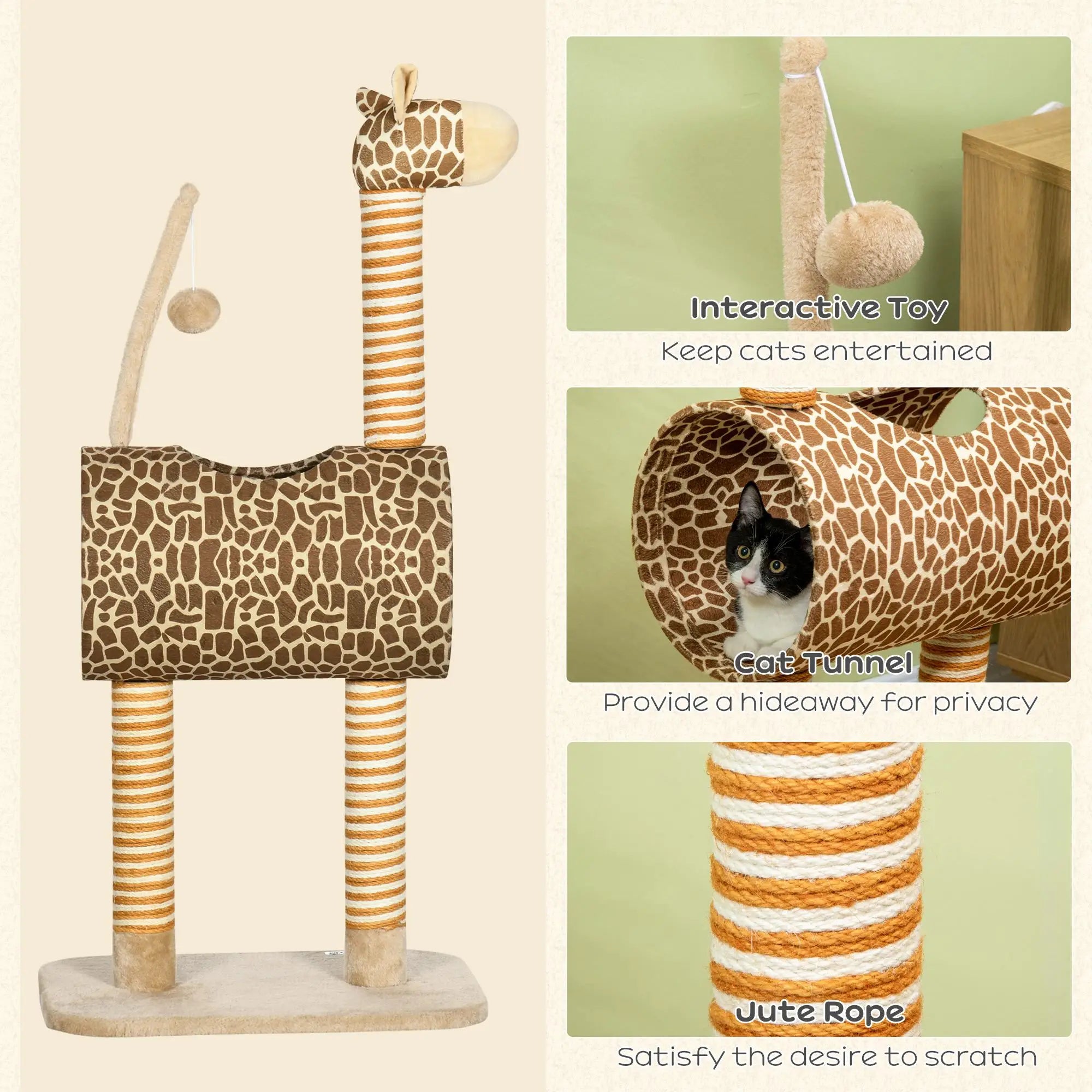 Giraffe-Designed Cat Tree, with Scratching Posts, Cat Tunnel, Toy Ball - Beige