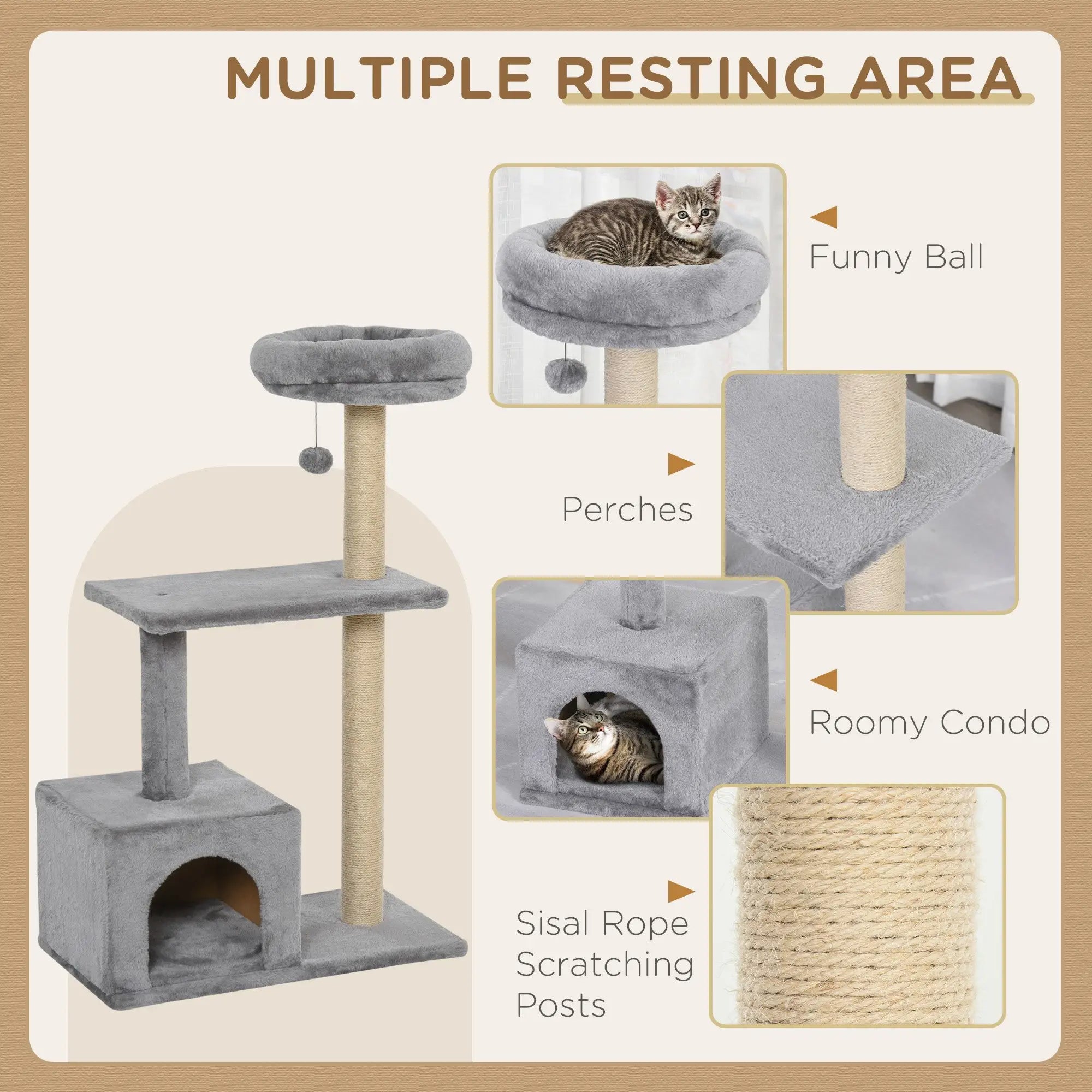 96cm Cat Tree for Indoor Cats Condo Sisal Scratching Post Cat Tower Kitten Play House Dangling Ball Activity Centre Furniture Grey