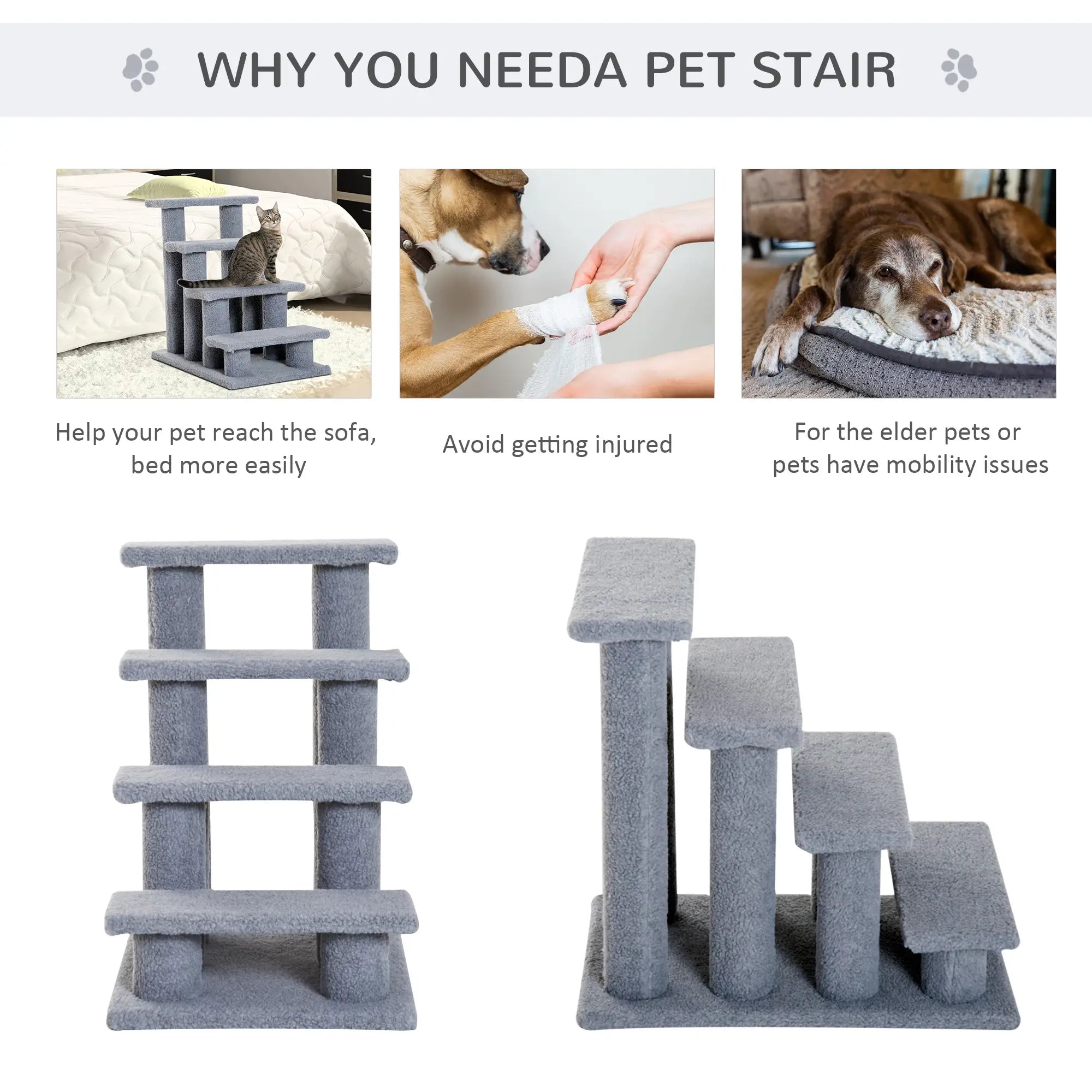 Dog Steps for Bed 4 Step Pet Stairs for Sofa Dog Cat Climb Ladder 63x43x60 cm Grey