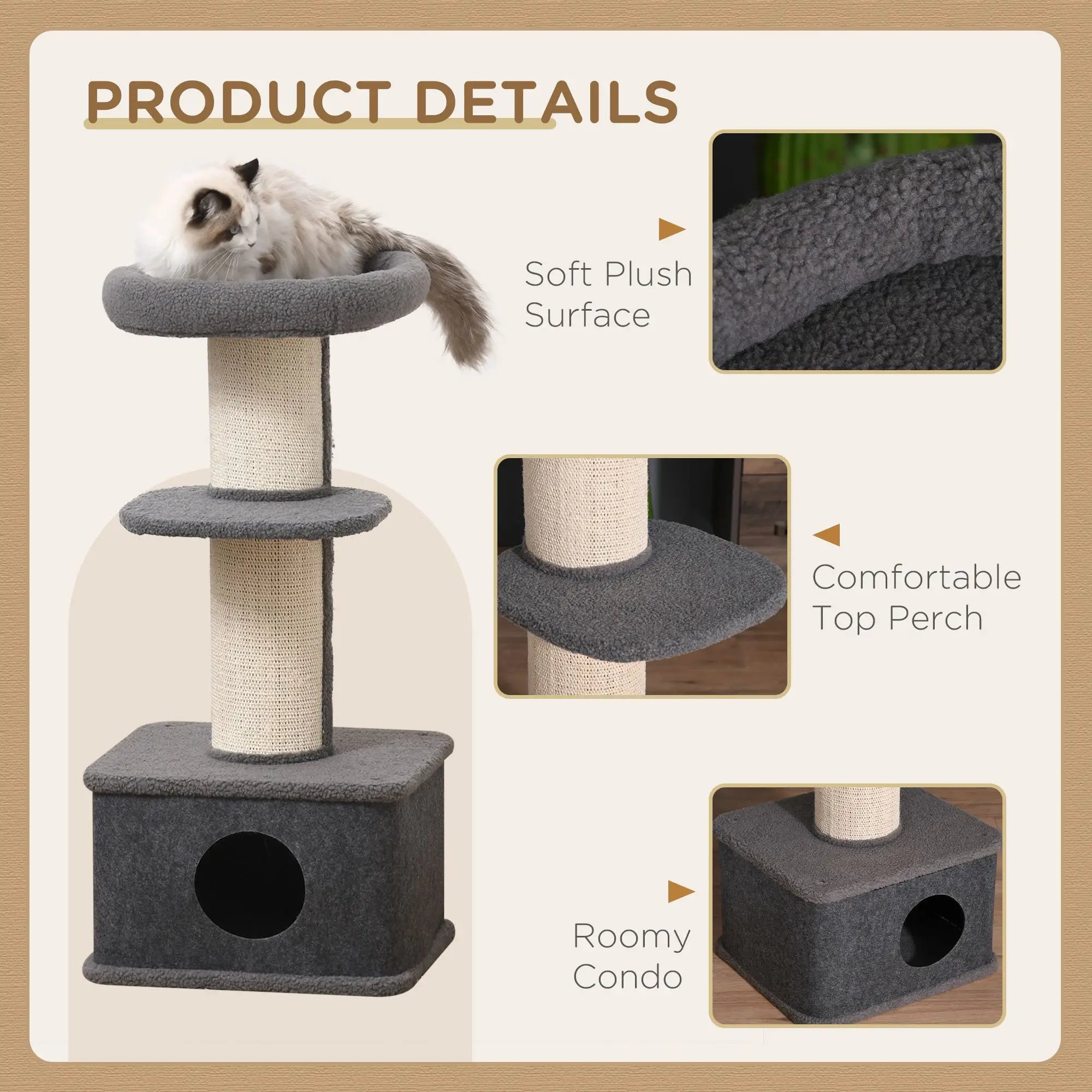 96cm Cat Tree for Indoor Cats Kitten Tower Multi level Activity Center Pet Furniture with Sisal Scratching Post Condo Removable Cover Grey