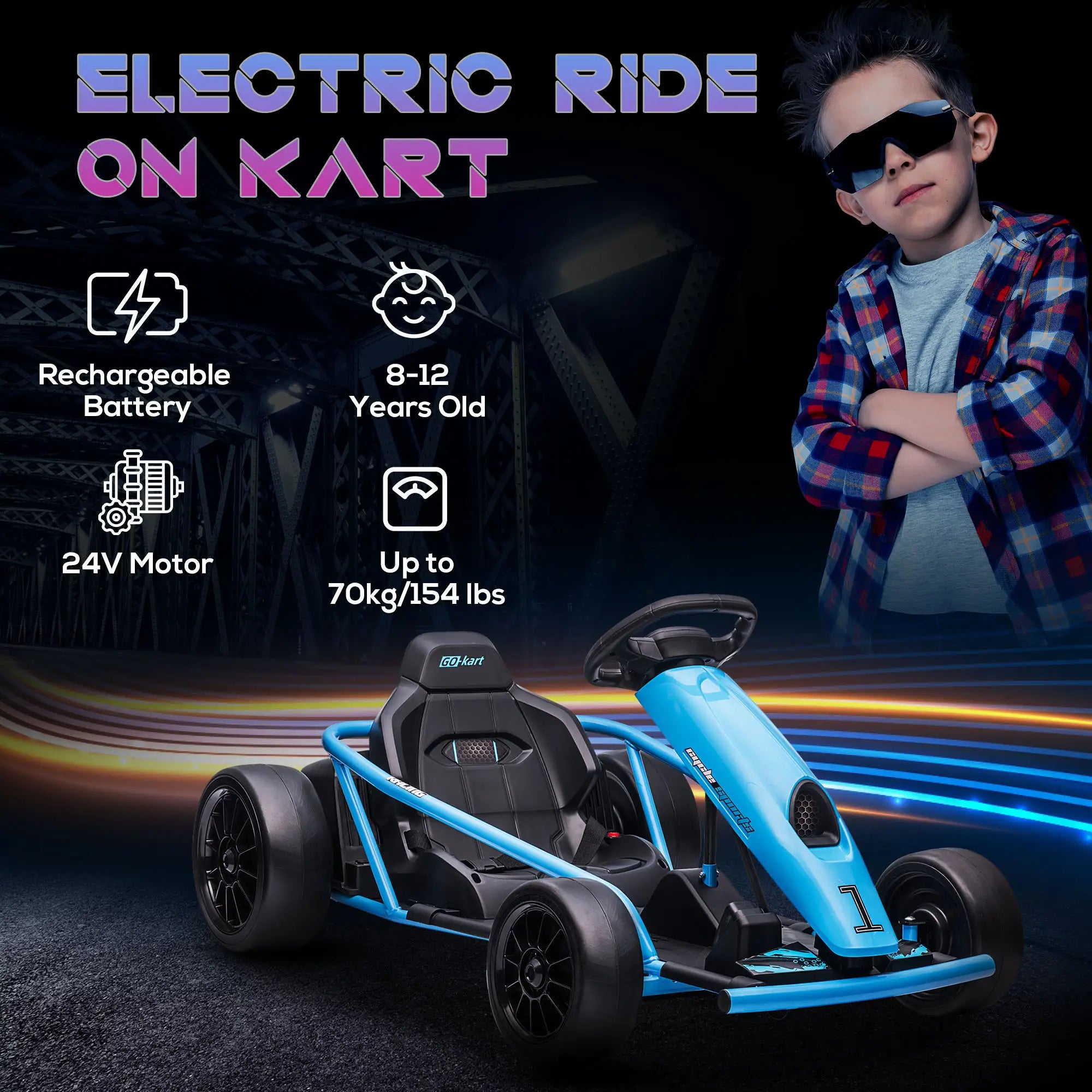 24V Drift Kart, Electric Ride-On Racing Go Kart w/ 2 Speeds, Steering Wheel, Pedals for Kids Aged 8-12, Blue