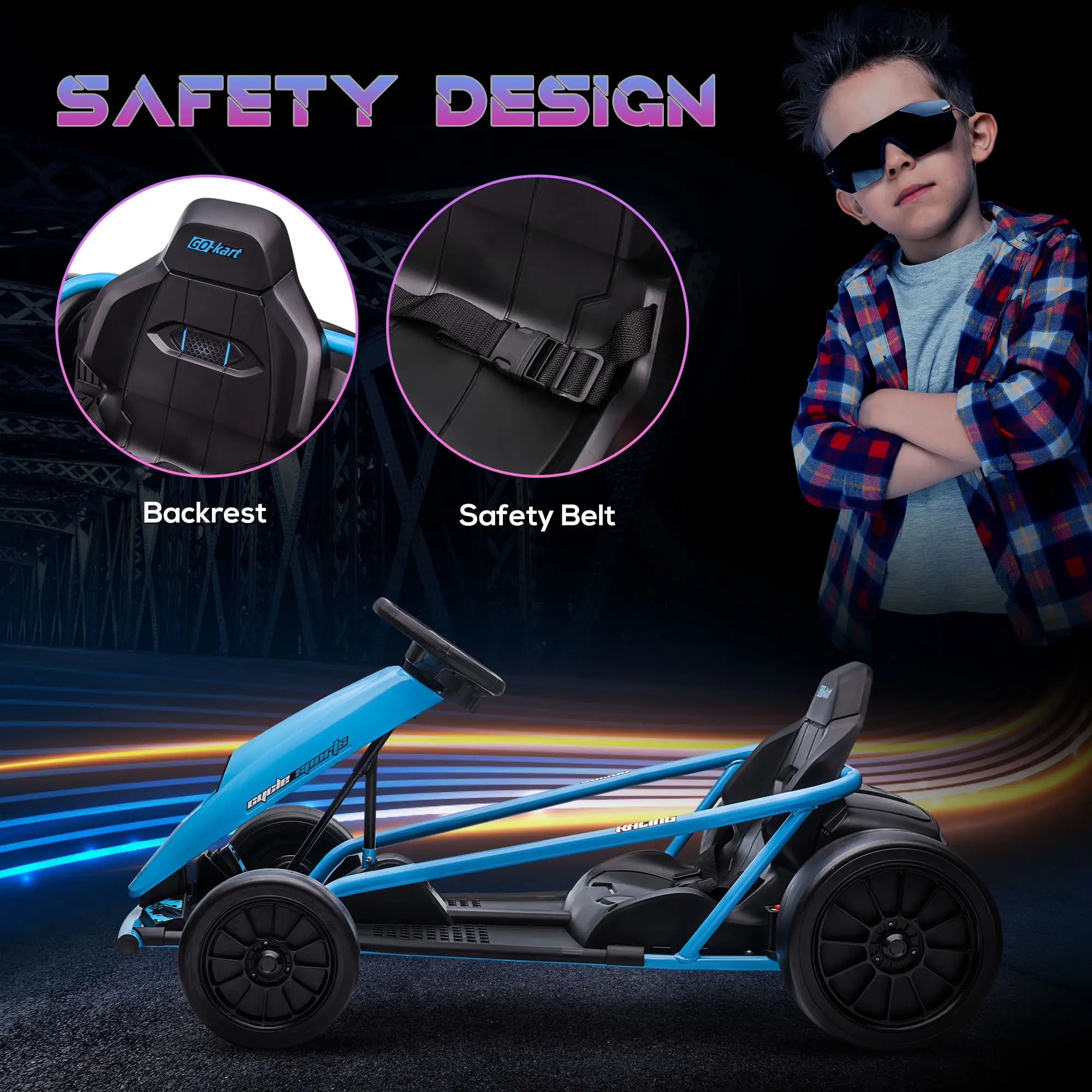 24V Drift Kart, Electric Ride-On Racing Go Kart w/ 2 Speeds, Steering Wheel, Pedals for Kids Aged 8-12, Blue