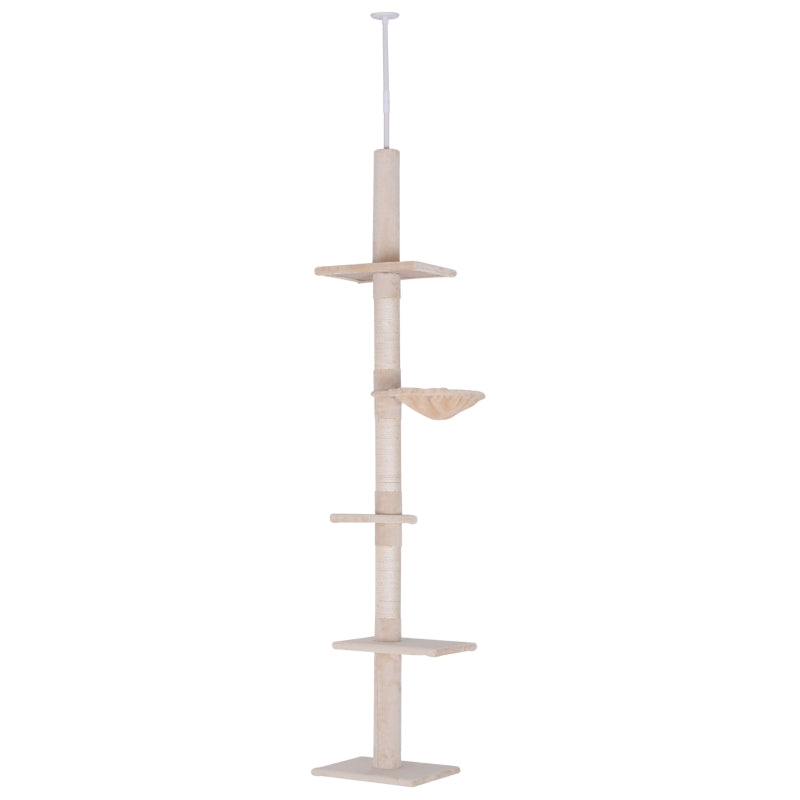 Floor to Ceiling Cat Tree for Indoor Cats 5-Tier Kitty Tower Climbing Activity Center Scratching Post Adjustable Height 230-260 cm Beige
