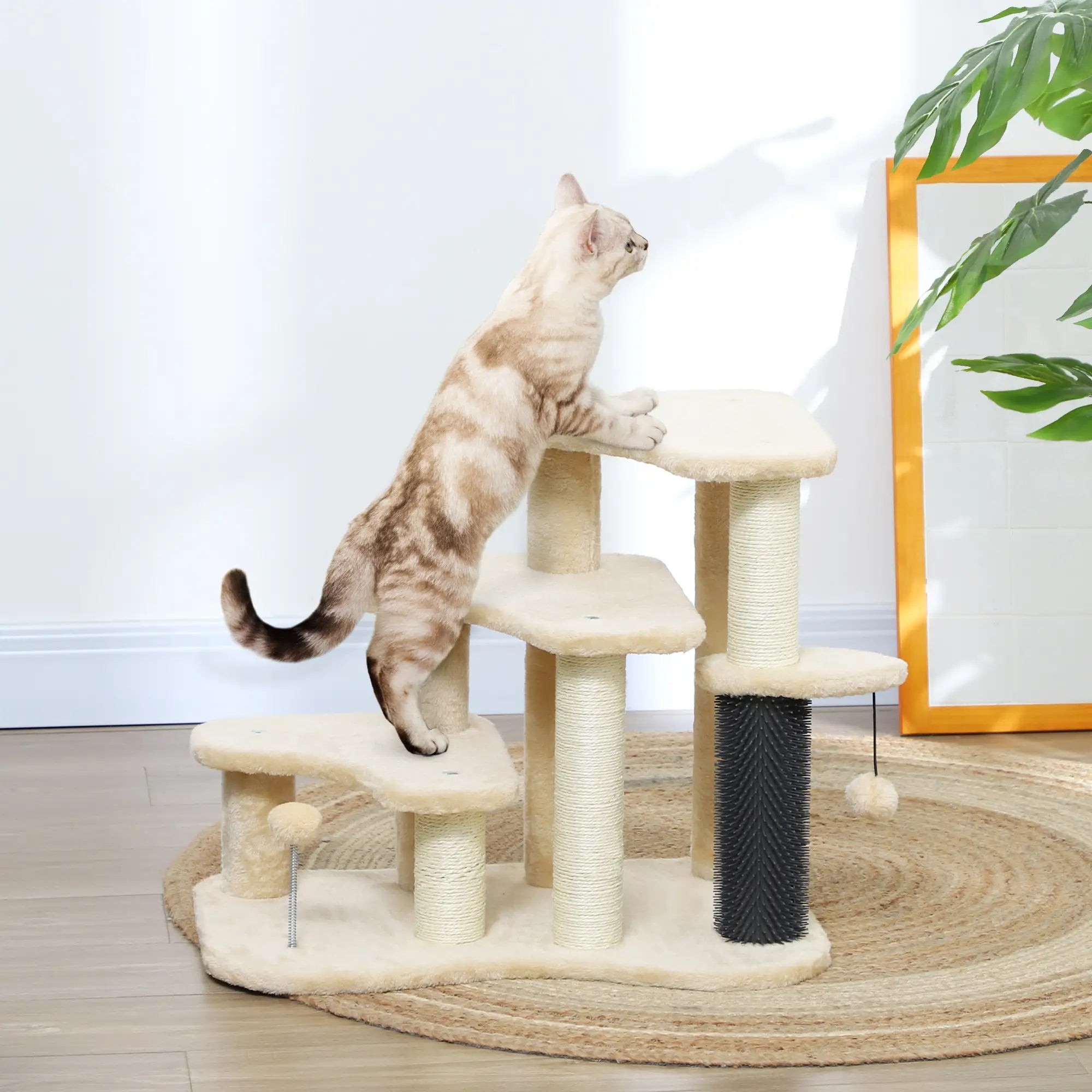 2-in-1 Cat Tree, Pet Stairs with Scratching Tickling Post, Toy Balls, for Bed, Sofa, Couch, Beige