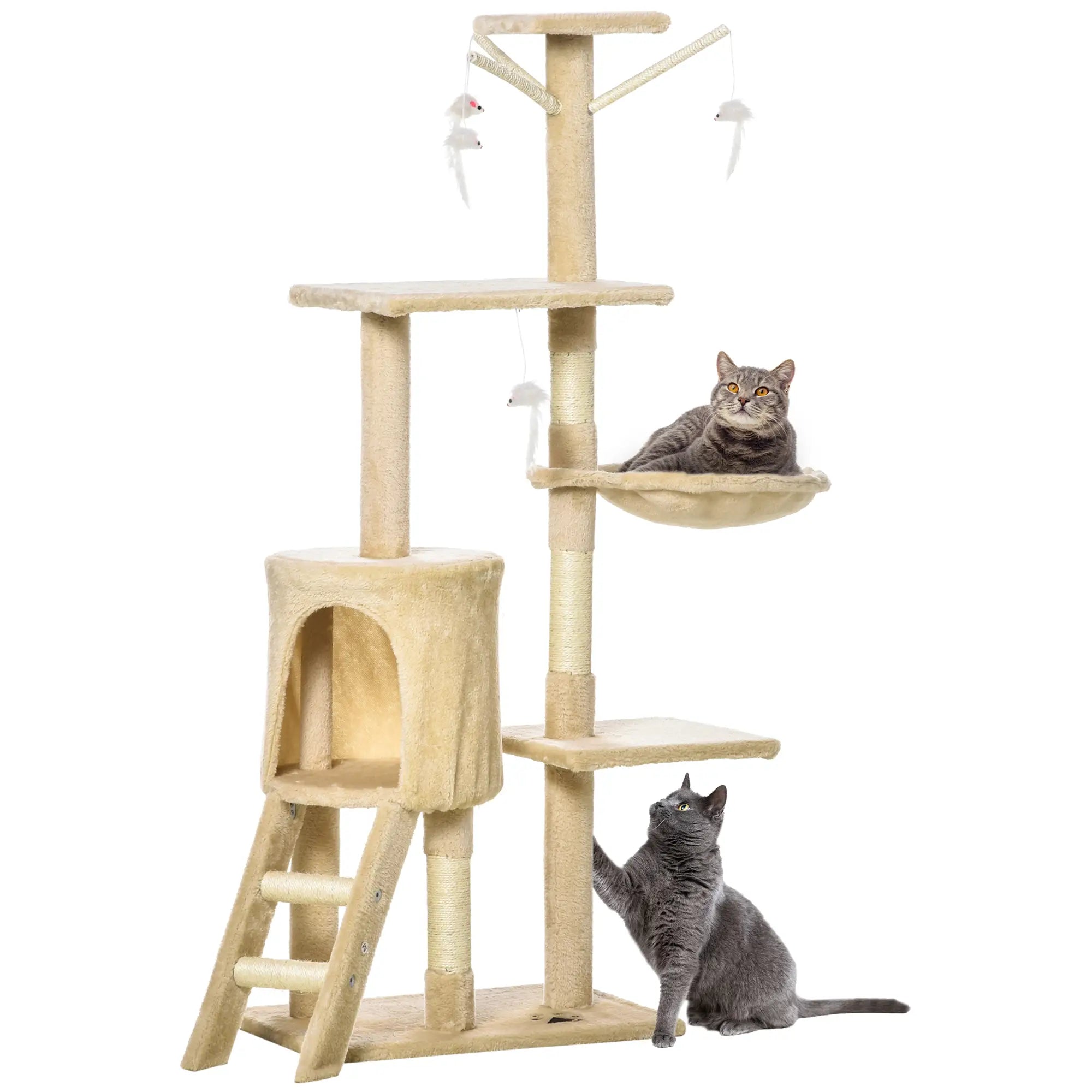 Cat Tree for Indoor Cats 135cm Kitten Tower Scratching Post Kitty Scratcher Climbing Tower with Ladder, Beige