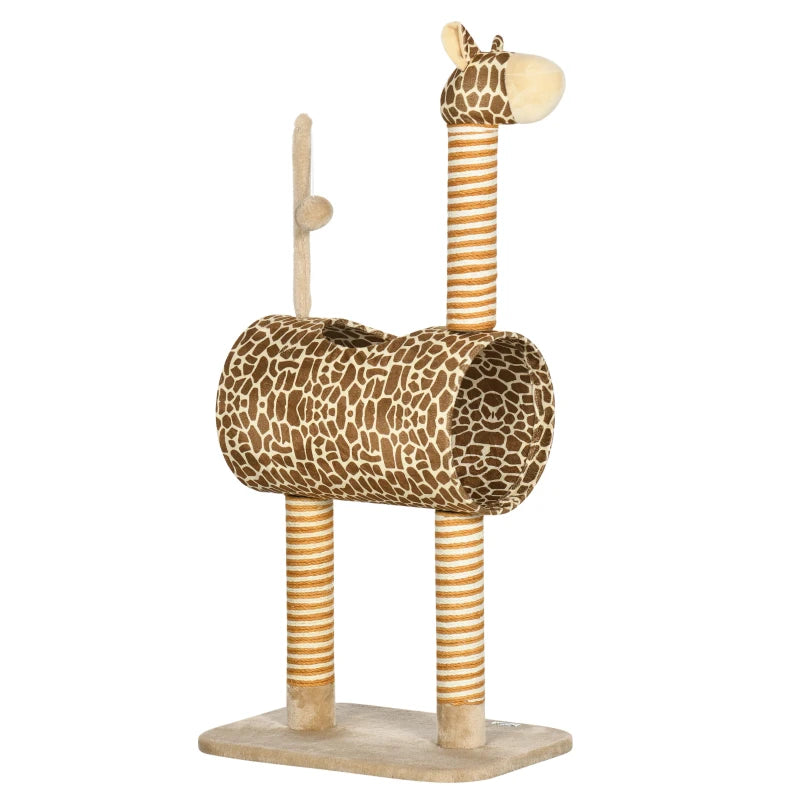 Giraffe-Designed Cat Tree, with Scratching Posts, Cat Tunnel, Toy Ball - Beige