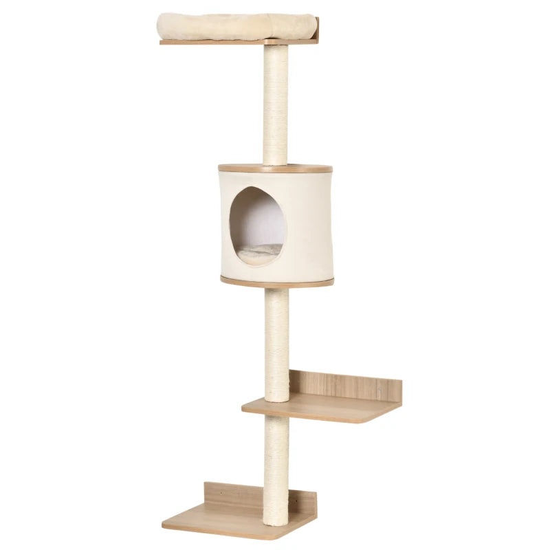 Wall-Mounted Cat Tree, with Cat House, Bed, Scratching Post - Beige