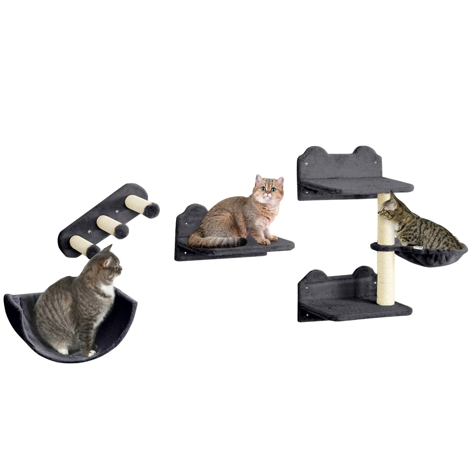 4PCs Wall-Mounted Cat Shelves w/ Scratching Post, Hammock, Nest - Dark Grey