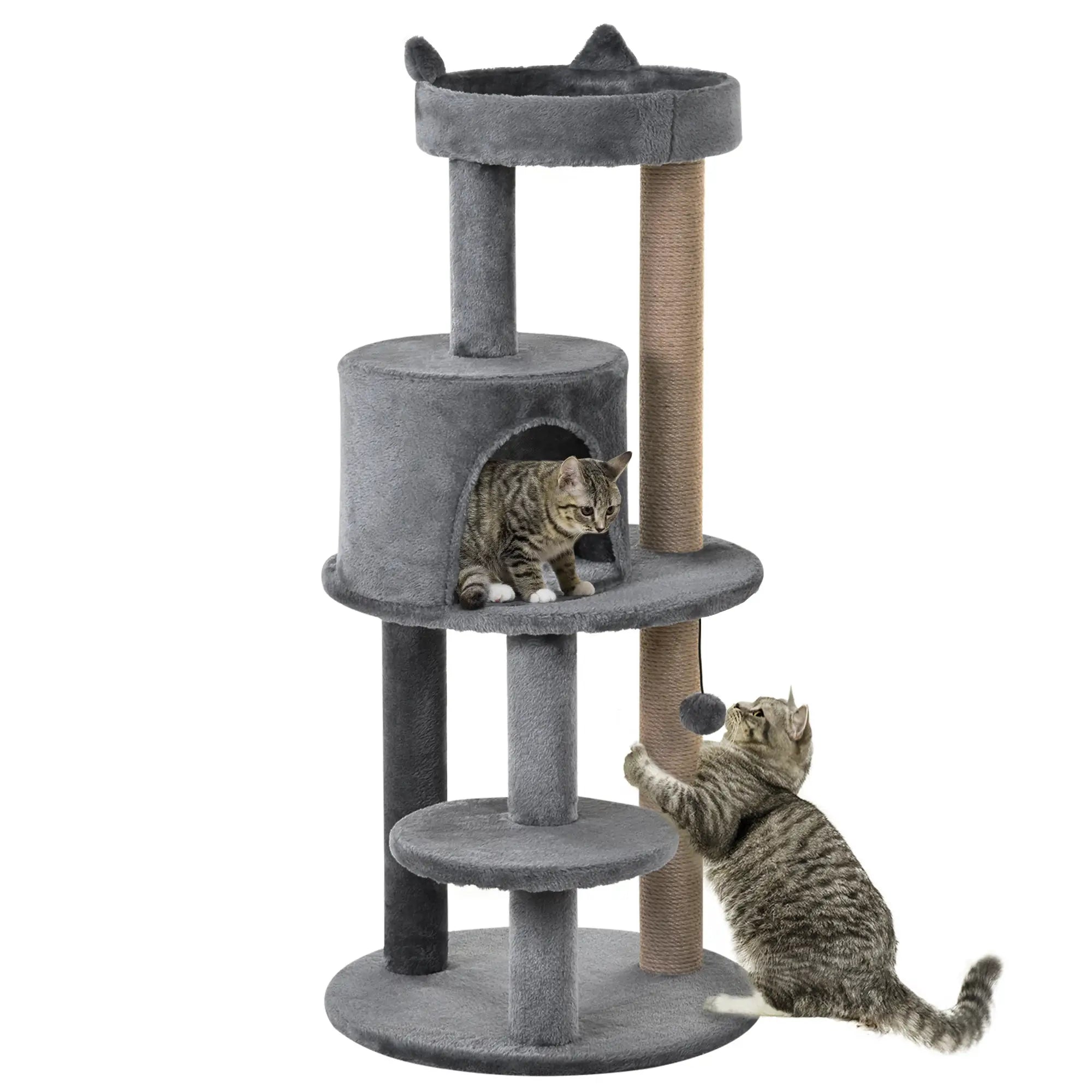 104 cm Cat Tree, Cat Condo Tree Tower, Cat Activity Centre with Scratching Posts, Plush Perch, Hanging Ball - Grey