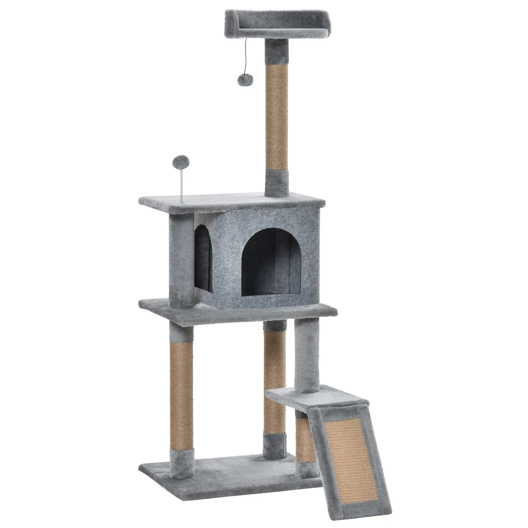 Cat Tree Tower for Indoor Cats 142cm Climbing Kitten Activity Center with Jute Scratching Post Board Perch Roomy Condo Removable Felt Hanging Toy, Grey