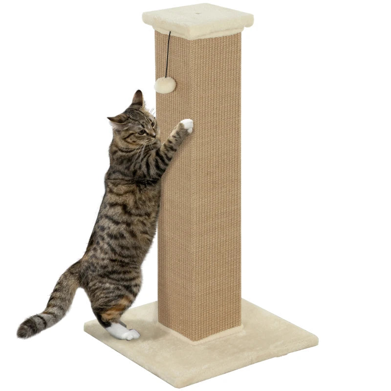 Cat Scratcher, Vertical Full Scratcher w/ Natural Jute Rope, Hanging Ball, Soft Plush - Beige