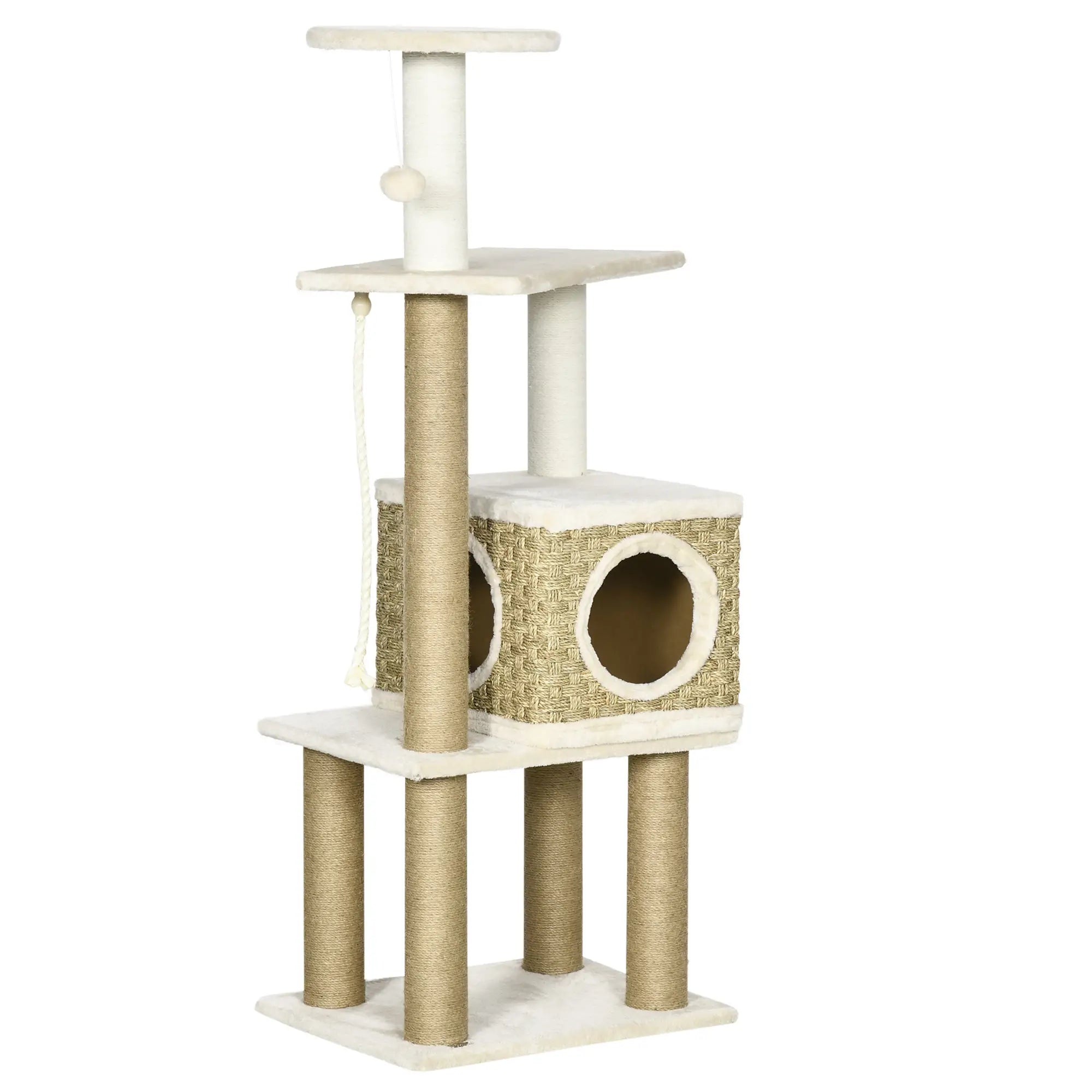 Cat Tree, with Scratching Post, Cat House & Hanging Toy Ball - Beige
