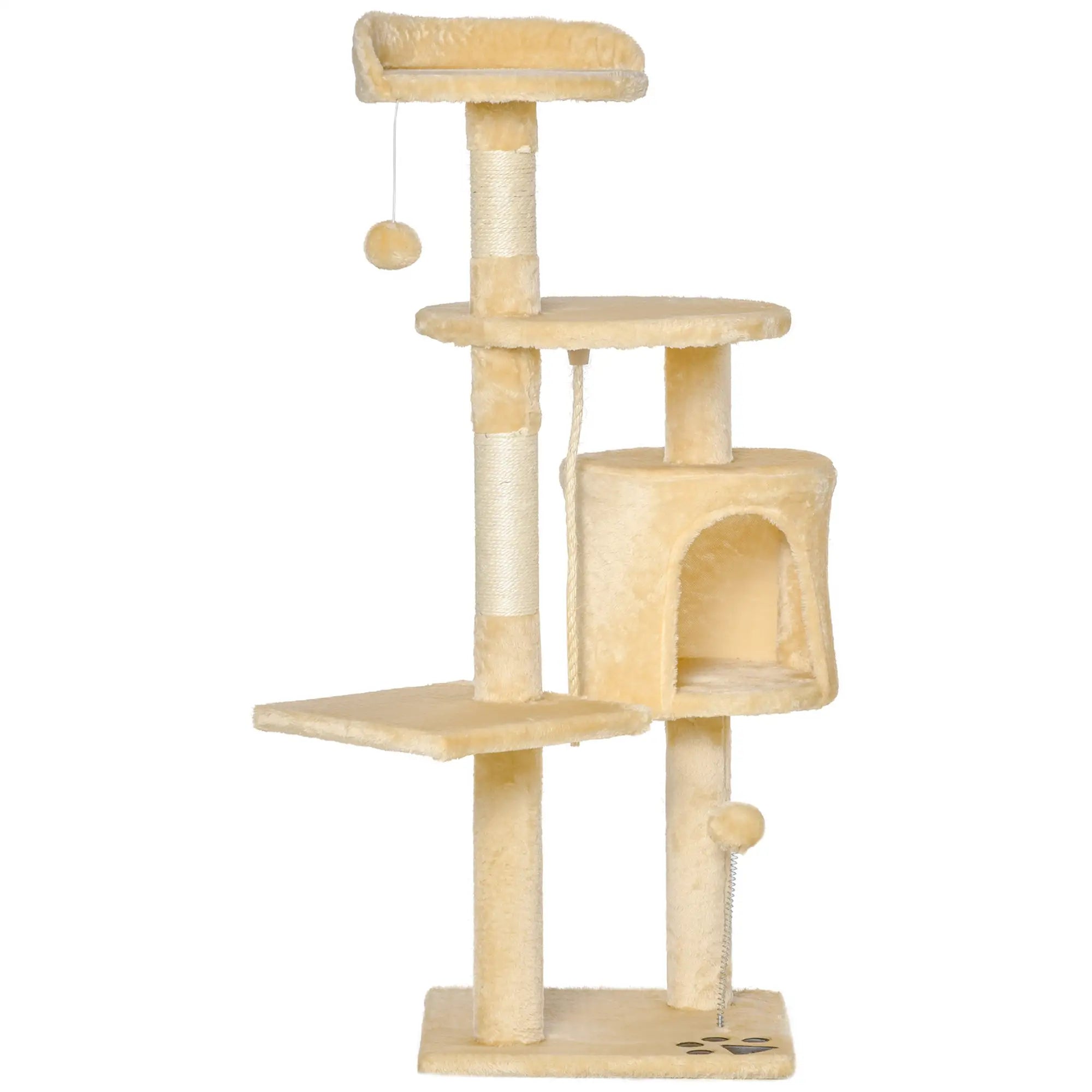 Cat Tree for Indoor Cats Pet Activity Centre Kitty Condo Climbing Scratching Post with Toys 4-tier 114cm Tall Beige