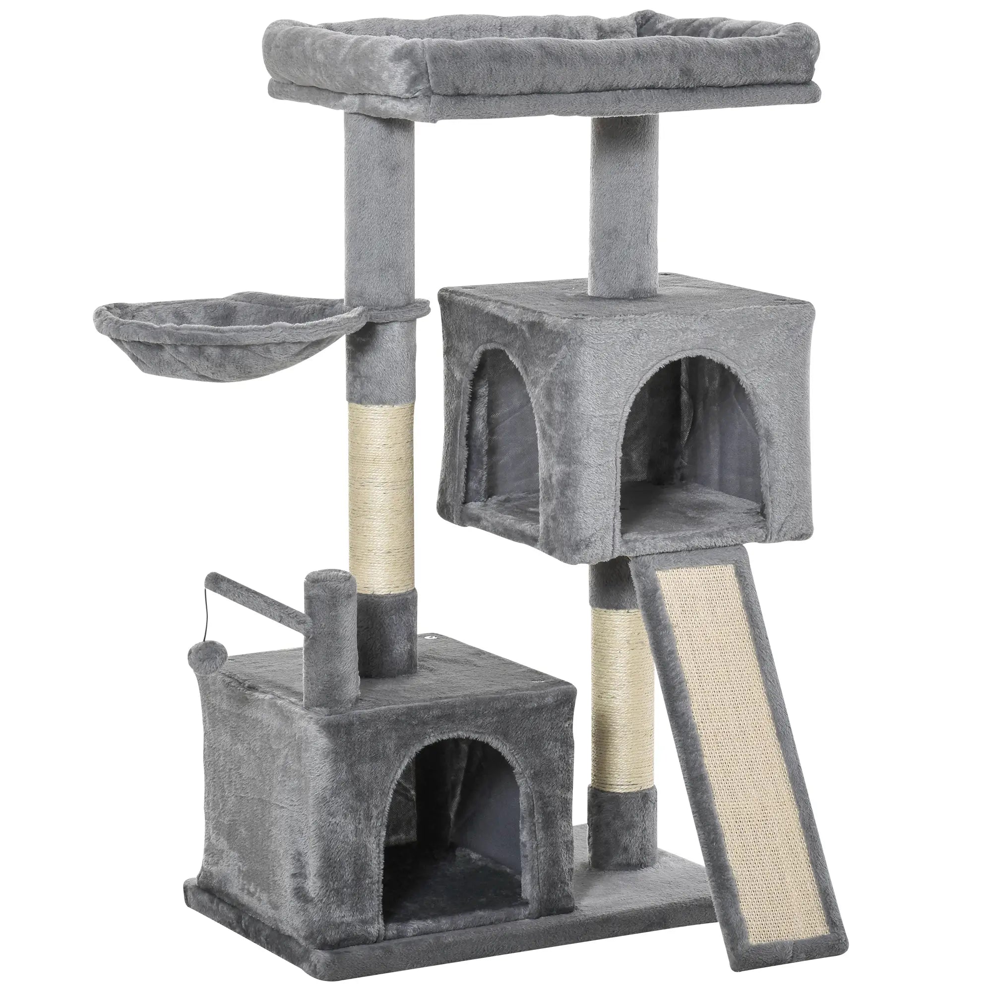 Cat Tree Tower for Indoor Cats, 111cm Kitten Activity Centre with Scratching Post Pad Hammock Condo Bed Ball Toy, Grey