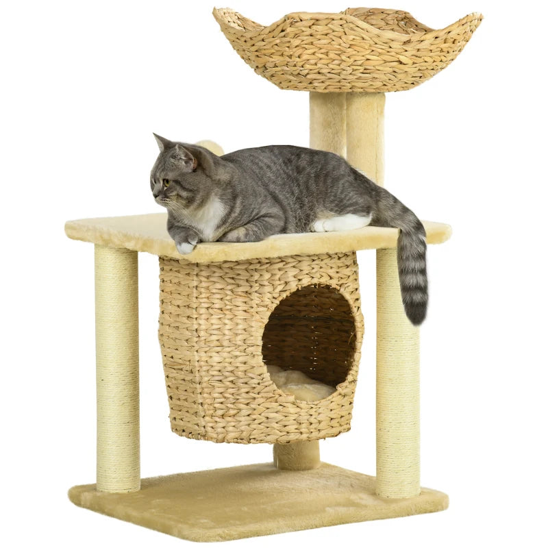 Cat Tree for Indoor Cats with Scratching Posts, Cat House, Bed, Toy Ball, Beige