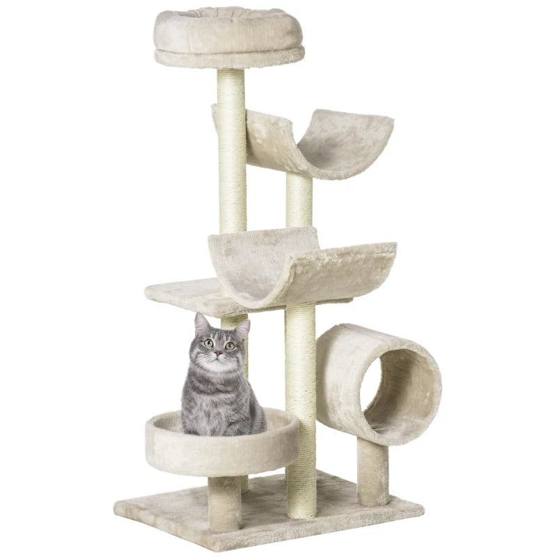 Cat Tree for Indoor Cats Kitten Pet Scratching Post Perch Activity Center Scratcher Climb Post Play House Arch with Tunnel 105cm Tall Beige