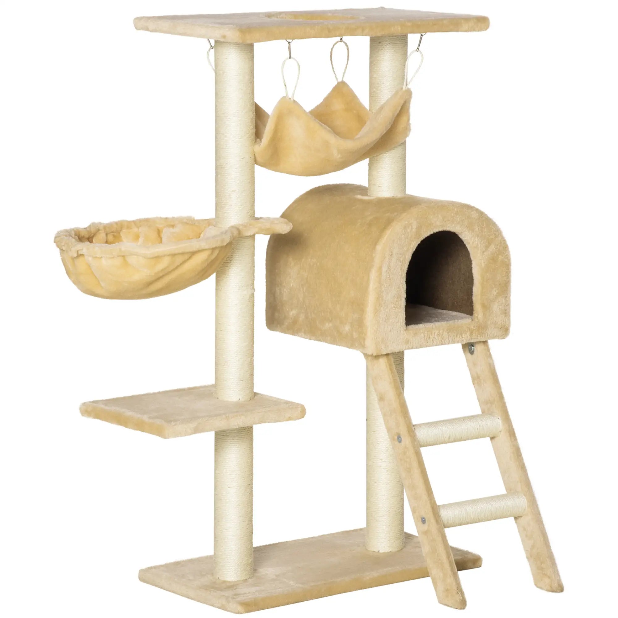 Cat Tree Tower for Indoor Cats Kitten Activity Centre Scratching Post w/ Hammock House Basket Ladder - Beige