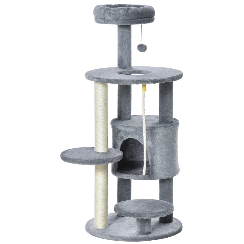 Cat Tree Tower for Indoor Cats 112cm Climbing Kitten Activity Center with Jute Scratching Post Perch Hanging Ball Toy Teasing Rope Dark grey