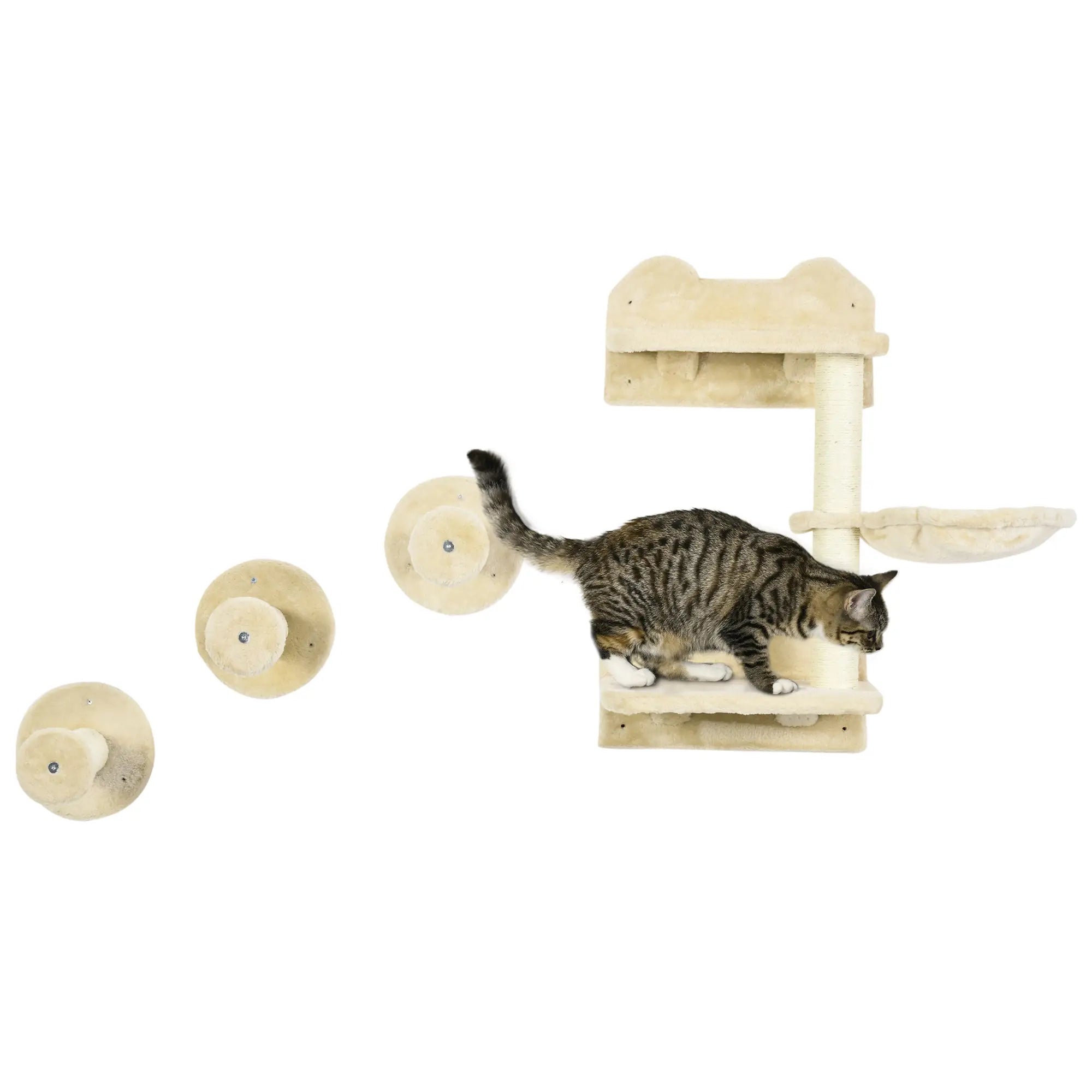 4 Piece Cat Shelf with Scratching Post, Wall-Mounted Cat Tree for Indoor Cat - Beige