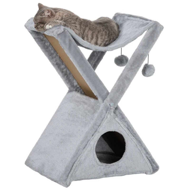 Two Tier Cat Tree for Indoor Cats Play Rest Activity Tower Plush Folding Relax Center w/ Scratching Post Hammock Pom Poms Grey