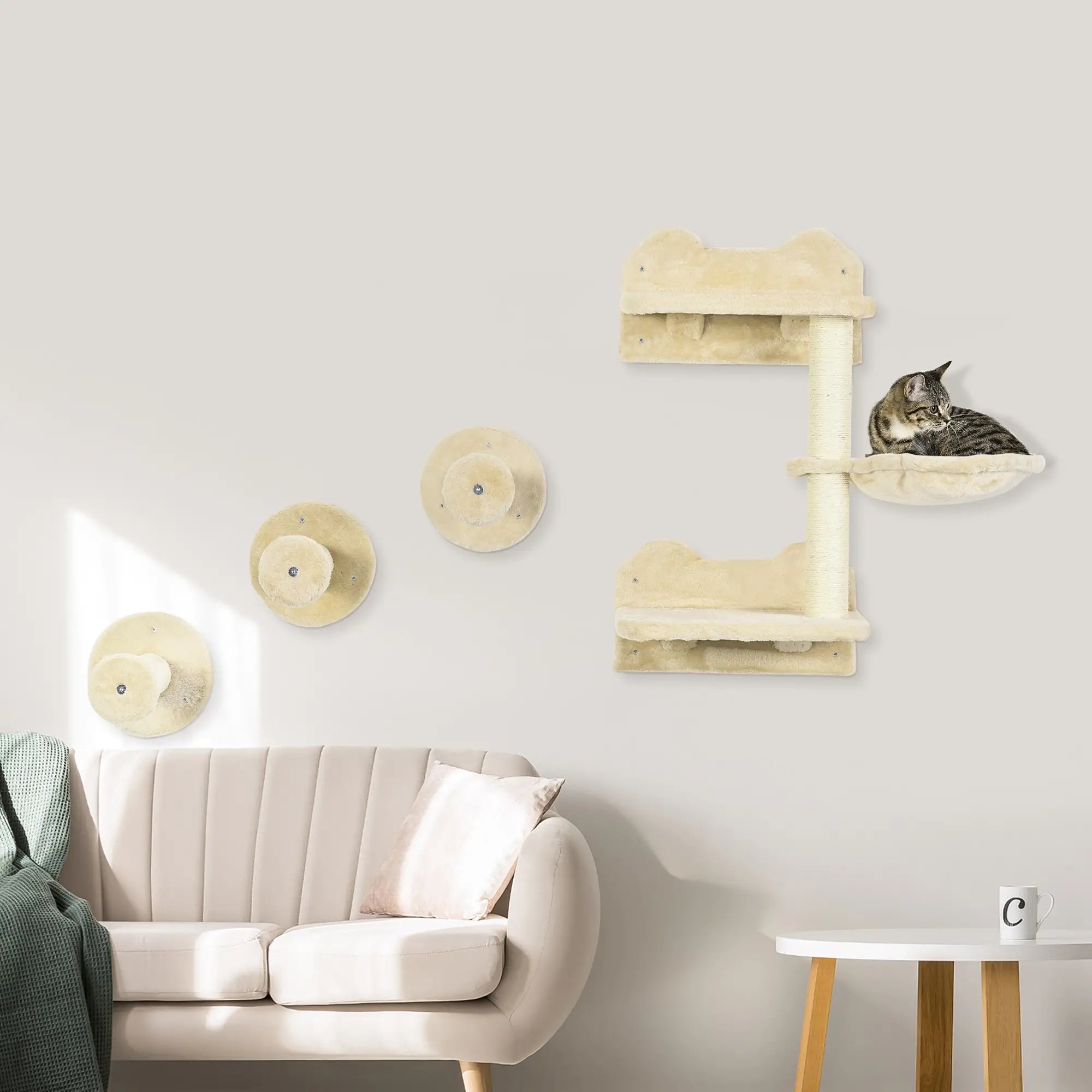 4 Piece Cat Shelf with Scratching Post, Wall-Mounted Cat Tree for Indoor Cat - Beige