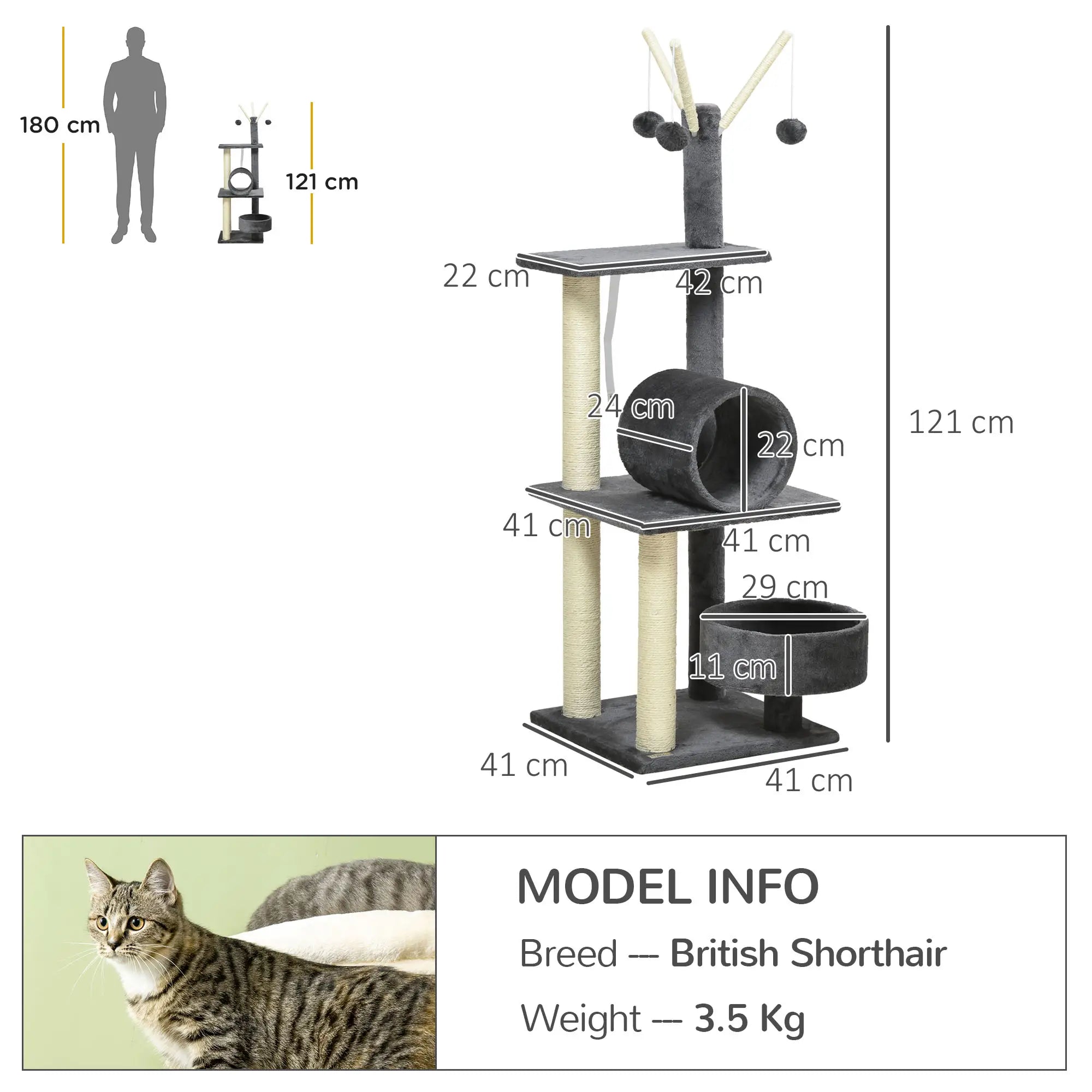 121cm Cat Tree Tower for Indoor Cats Kitten Activity Centre Scratching Post with Bed Tunnel Perch Interactive Ball Toy Grey