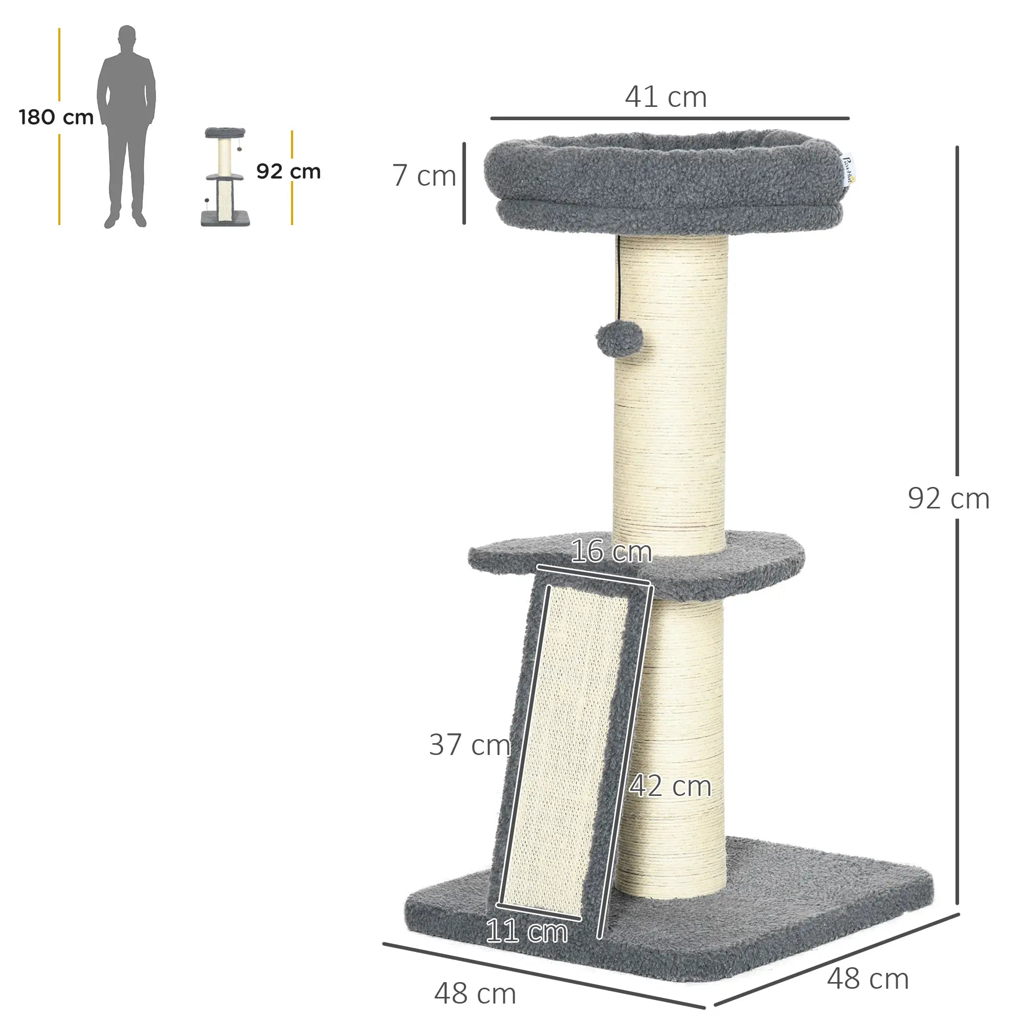 Cat Tree Tower with Scratching Posts, Pad, Bed, Toy Ball-Dark Grey