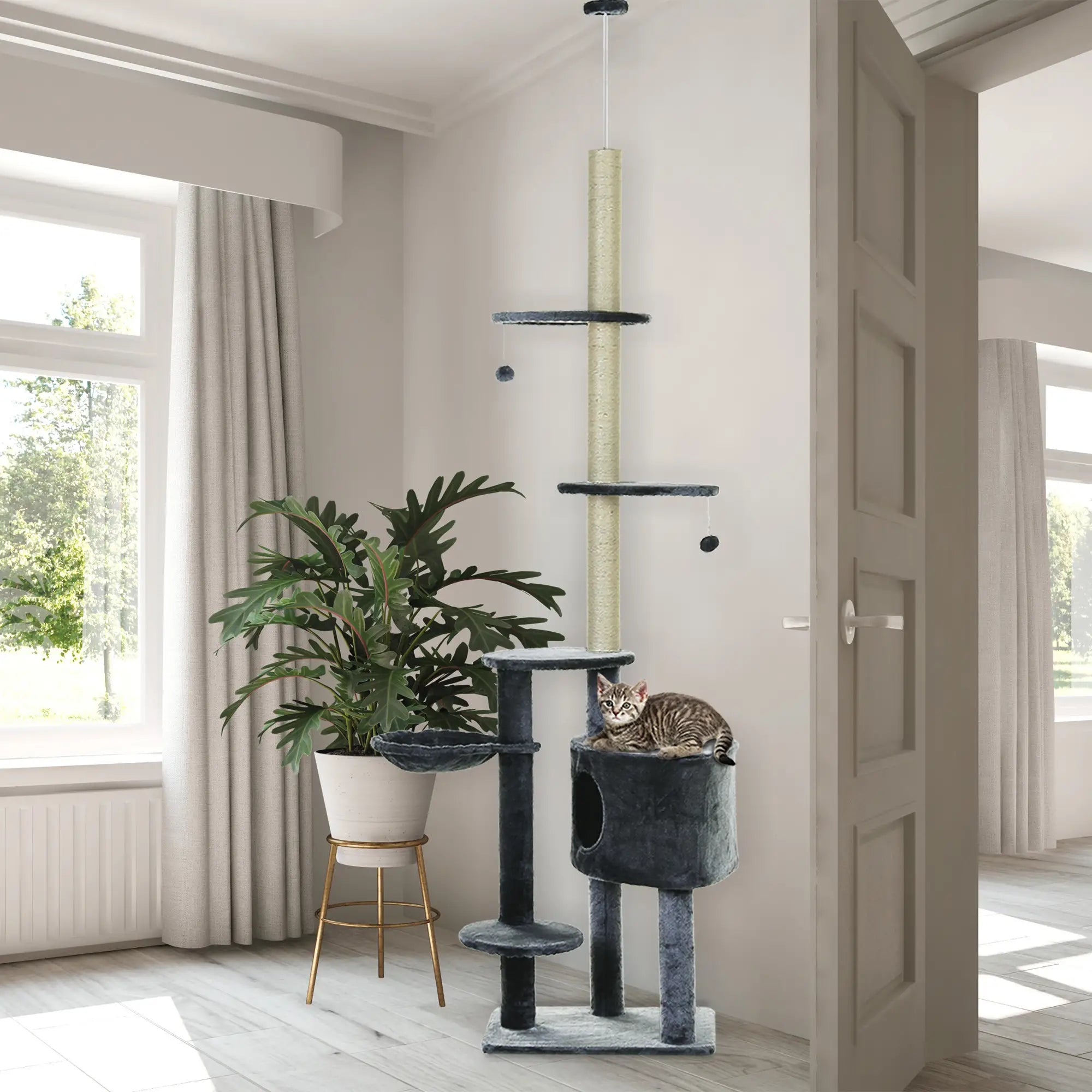 Floor to Ceiling Cat Tree for Indoor Cats Play Tower Climbing Activity Center Scratching Post Platforms Condo Adjustable Height 220-265cm Dark Grey