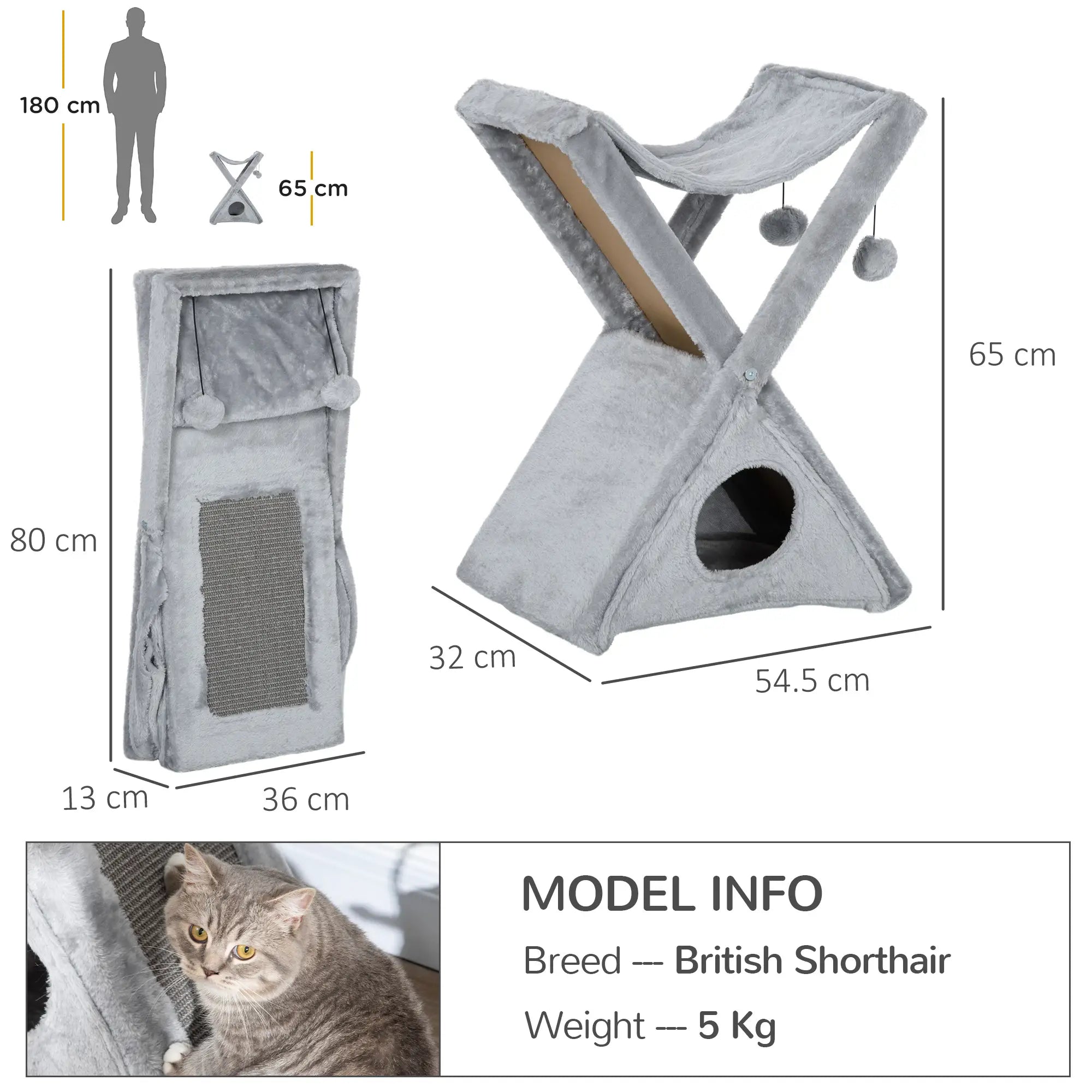 Two Tier Cat Tree for Indoor Cats Play Rest Activity Tower Plush Folding Relax Center w/ Scratching Post Hammock Pom Poms Grey