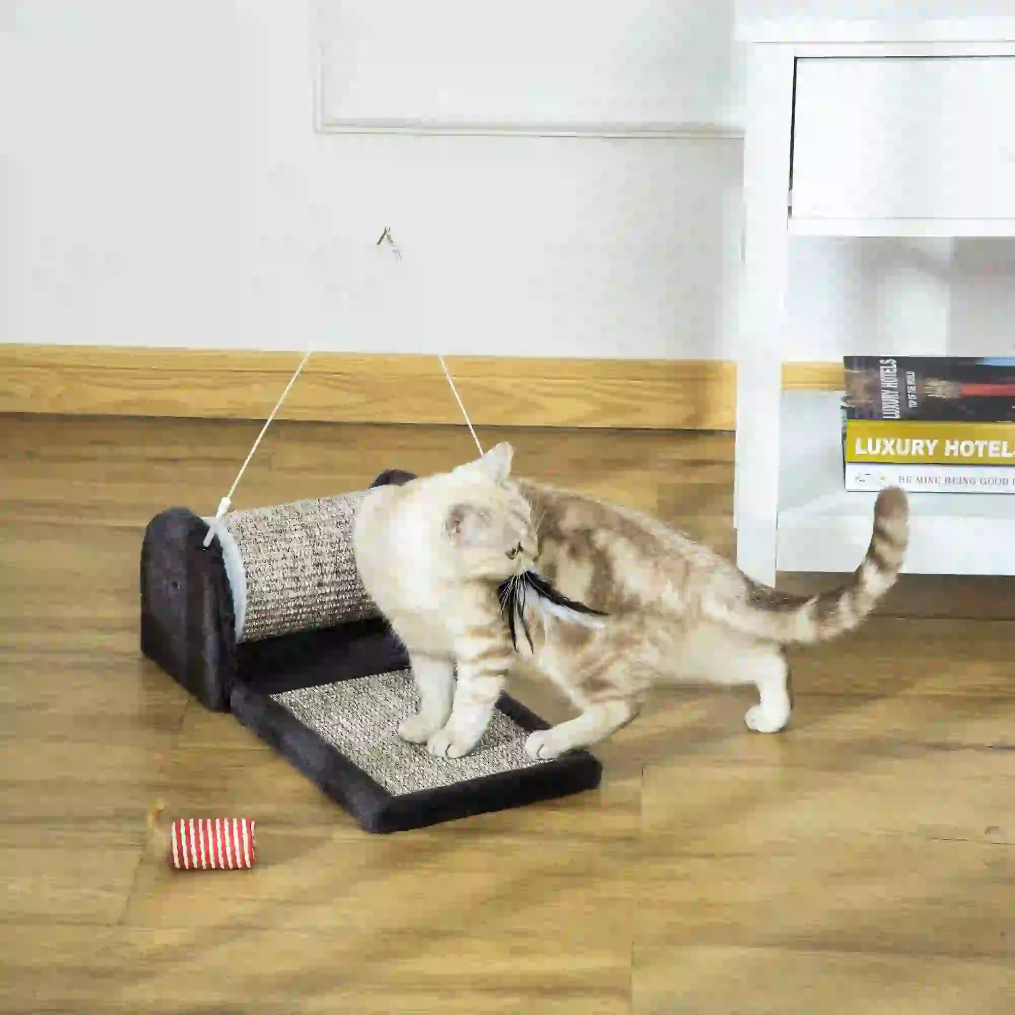 Cat Scratcher, Sisal Cat Scratching Board Mat Pad with Roller, Feather Toy, 44 x 24 x 16 cm, Grey