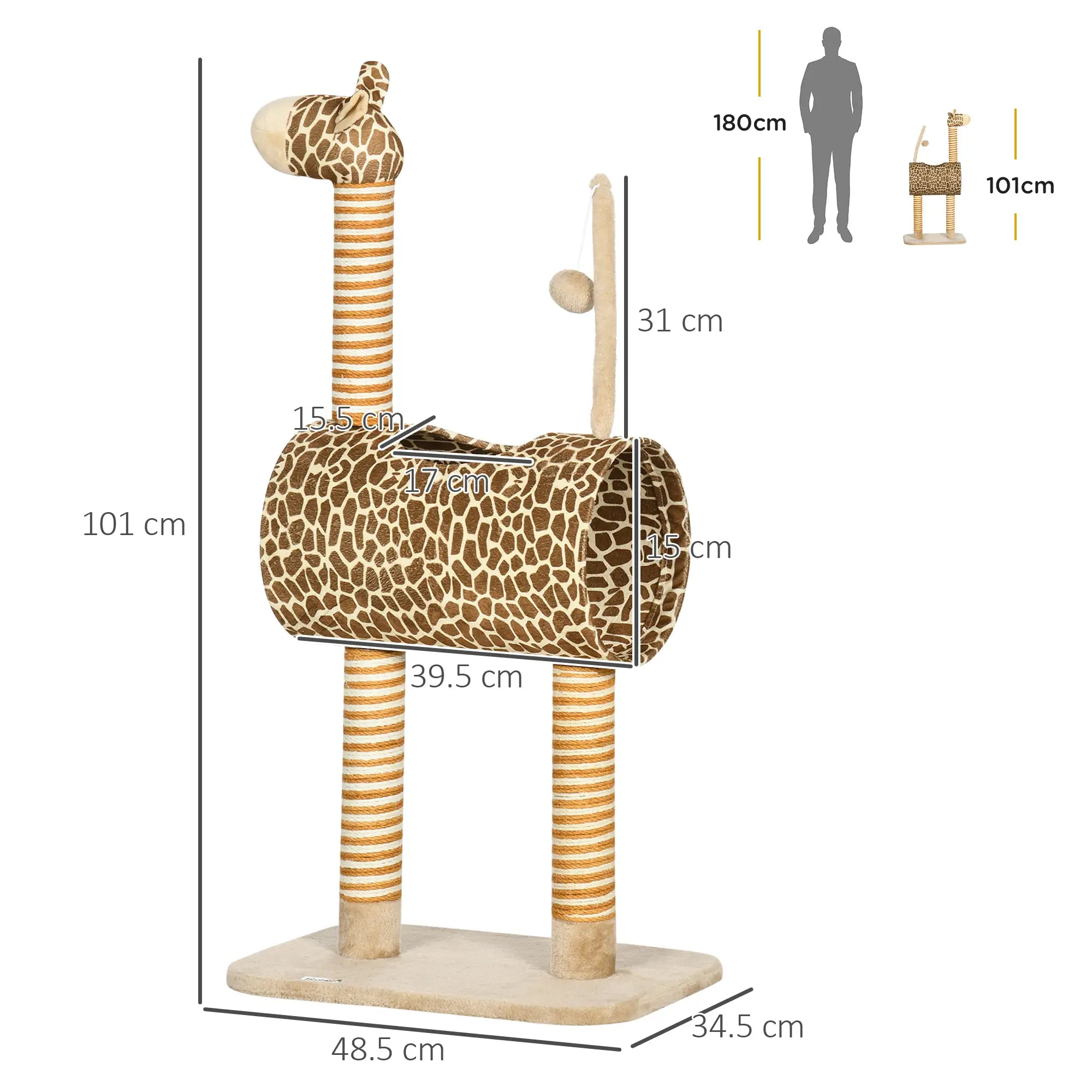 Giraffe-Designed Cat Tree, with Scratching Posts, Cat Tunnel, Toy Ball - Beige