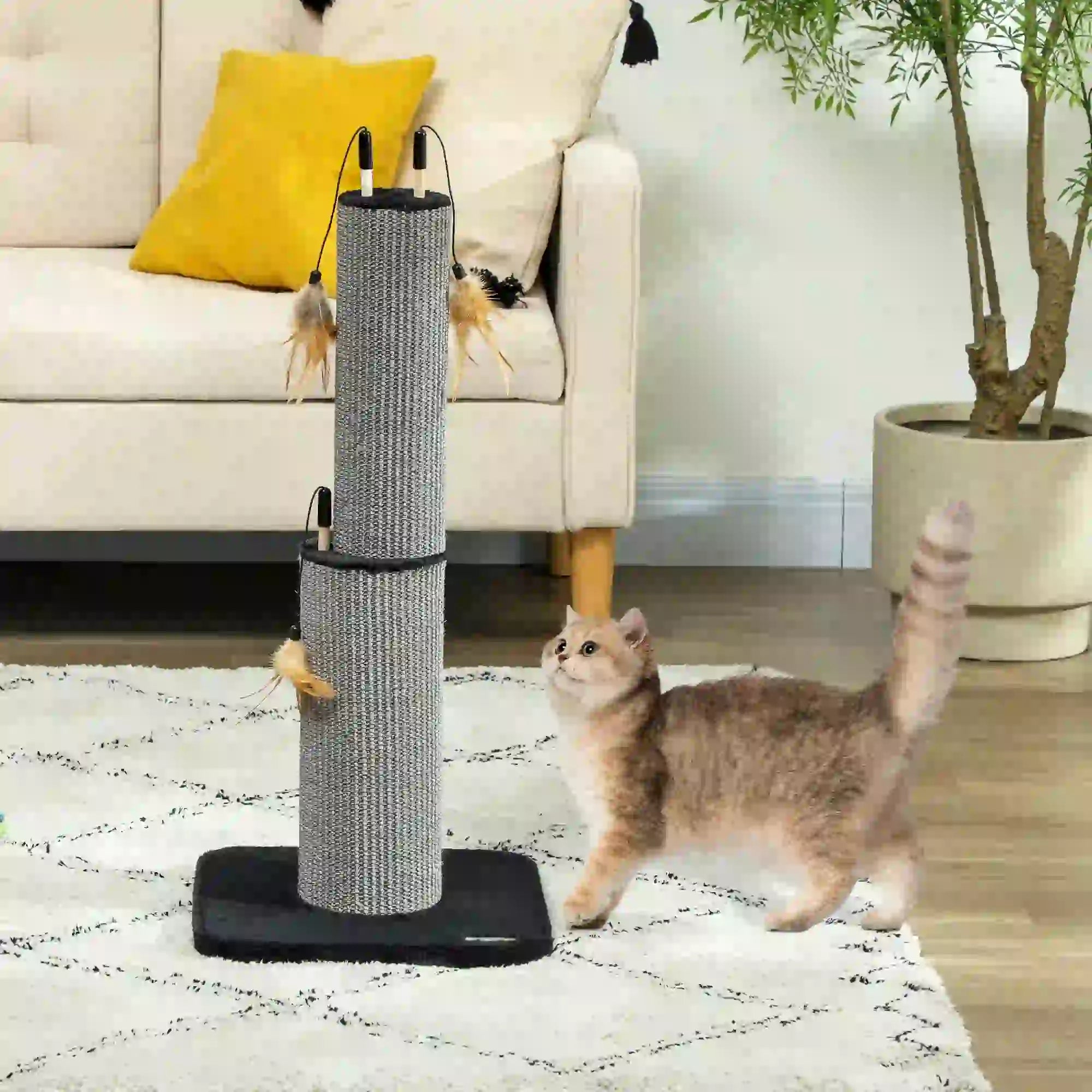 78cm 2-in-1 Cat Scratching Post with 3 Toy Feathers, Black