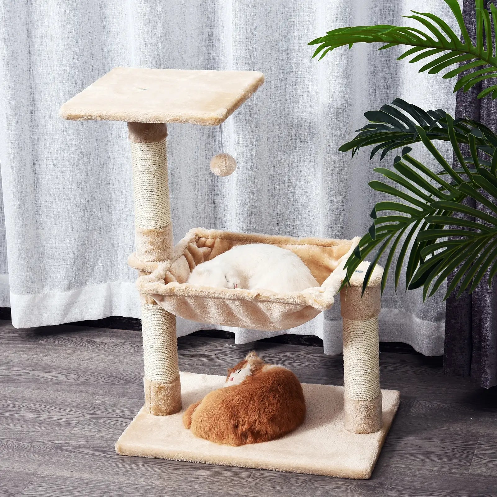 Scratch Post with Bed Cat Tree for Indoor Cats Sisal Scratching Posts Hammock Kitty Activity Centre Beige