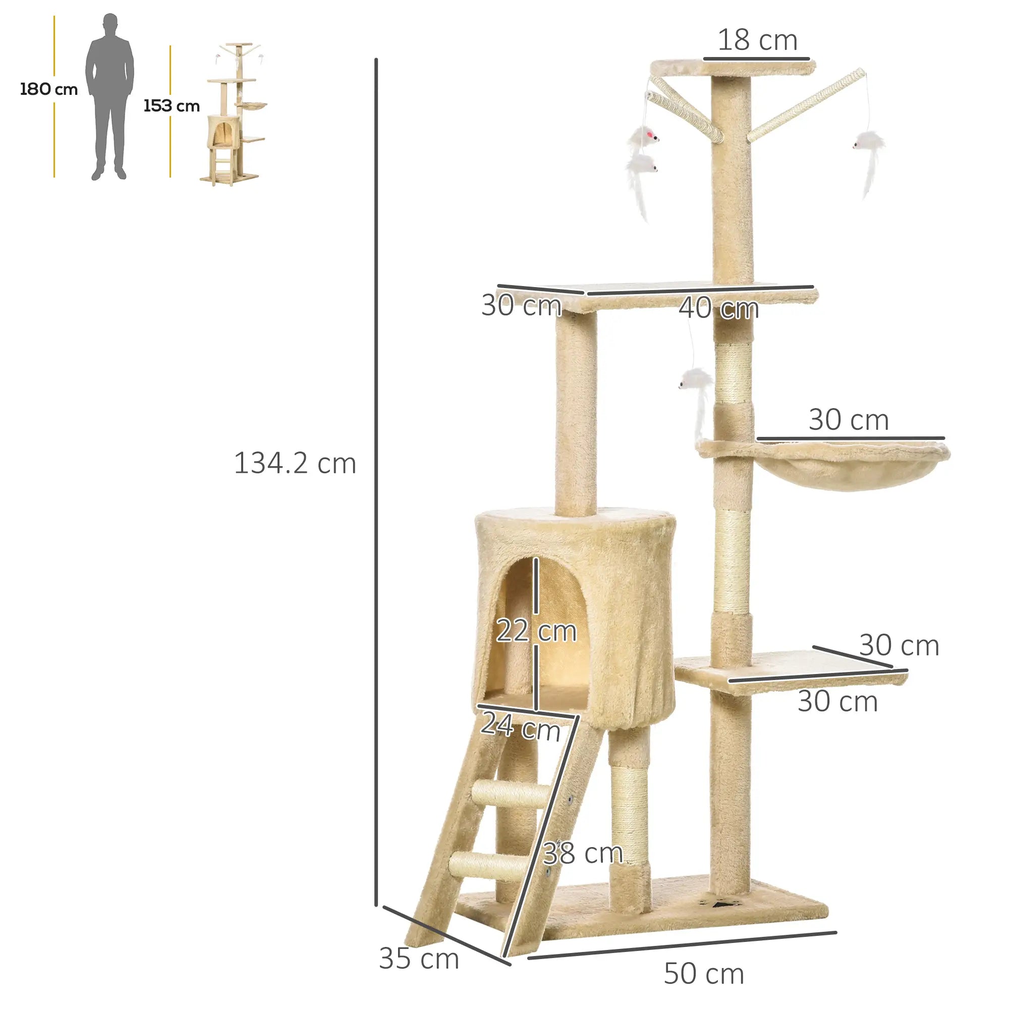 Cat Tree for Indoor Cats 135cm Kitten Tower Scratching Post Kitty Scratcher Climbing Tower with Ladder, Beige