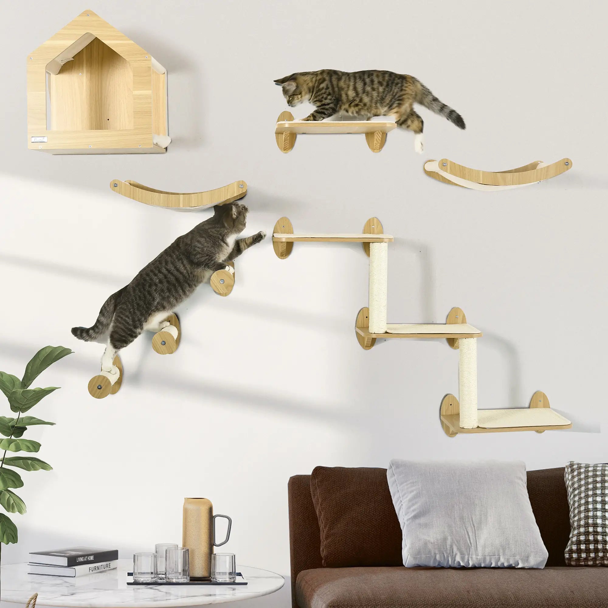 8 Piece Cat Shelves Set, with Cat House, Three Perches, Three Scratching Posts
