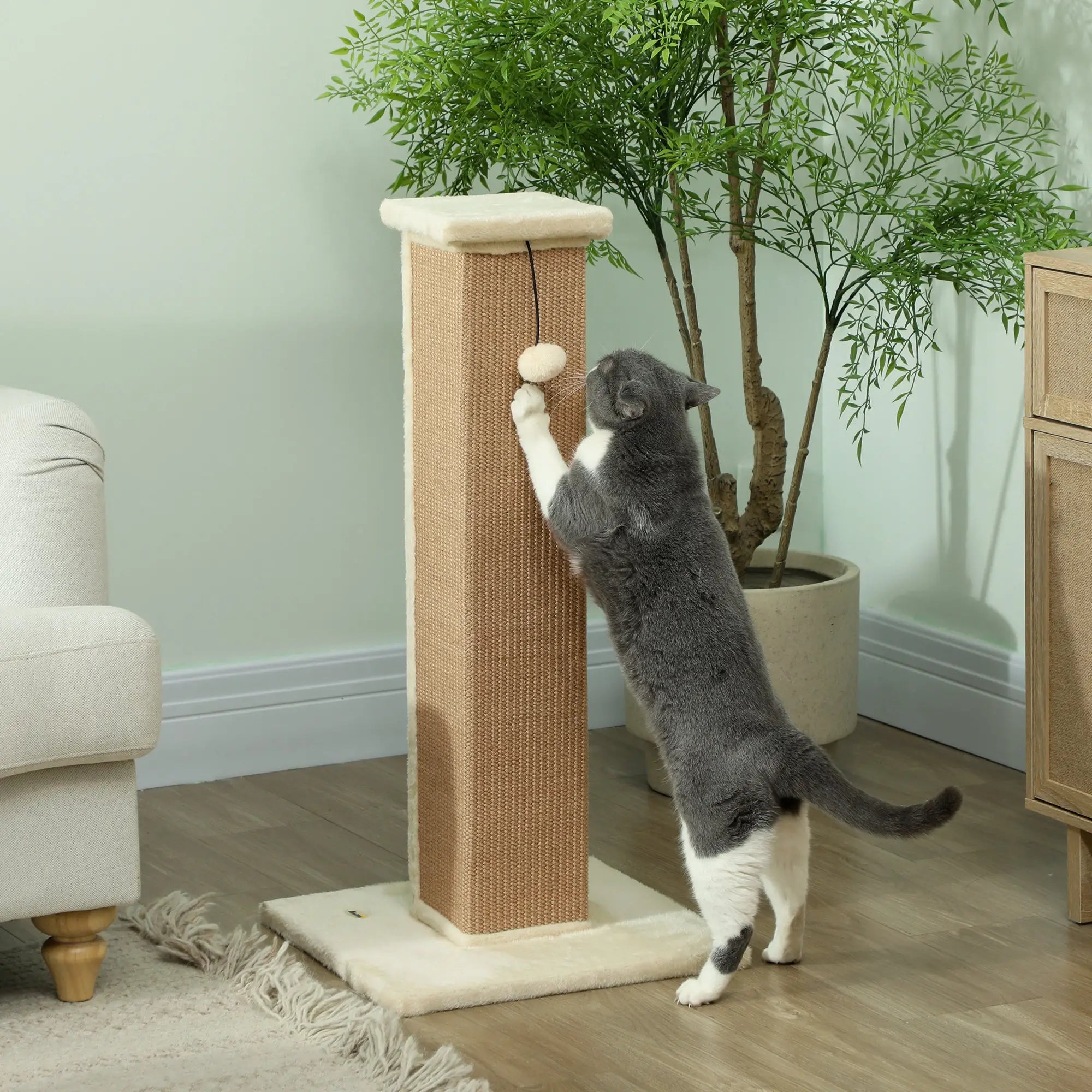 Cat Scratcher, Vertical Full Scratcher w/ Natural Jute Rope, Hanging Ball, Soft Plush - Beige