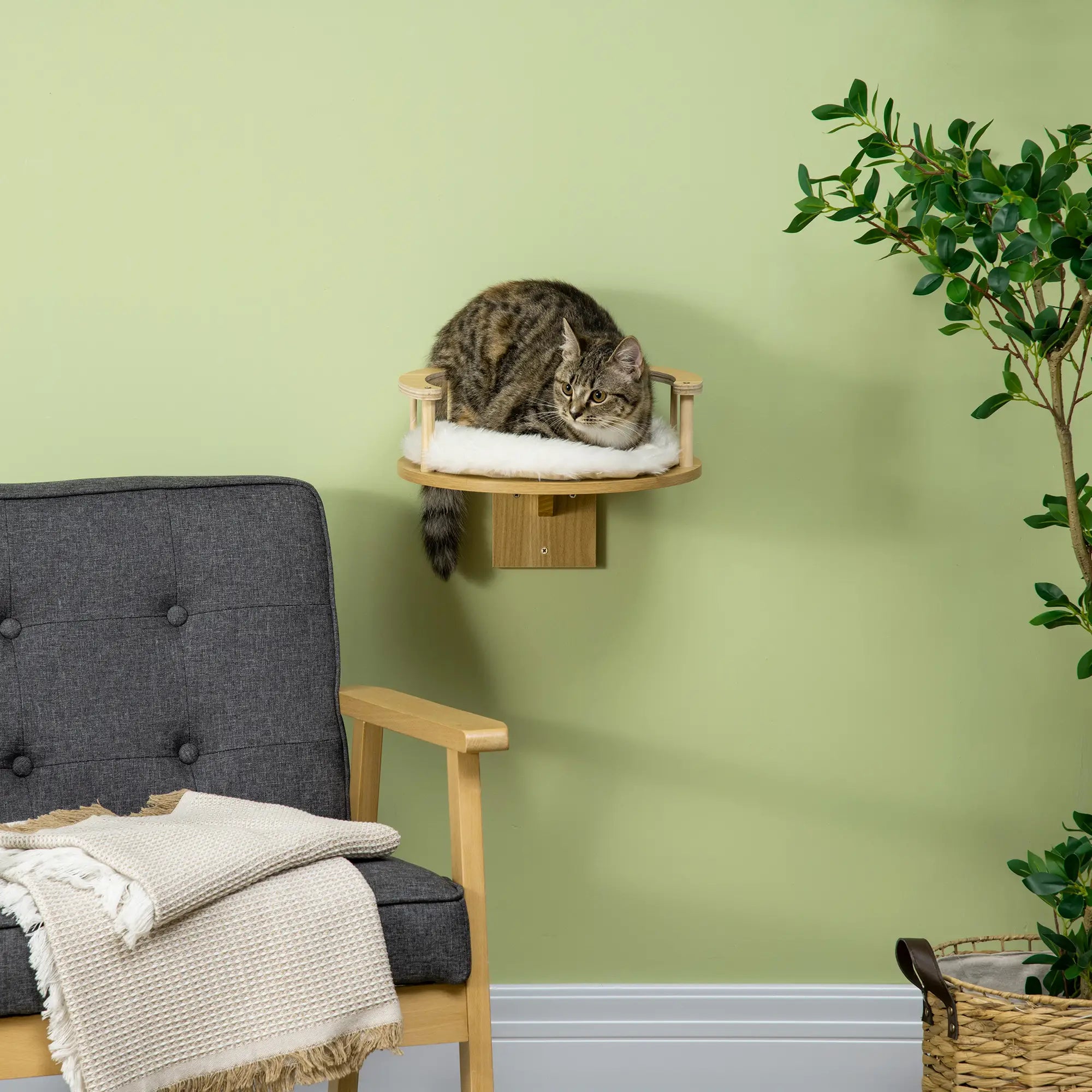 Wall-Mounted Cat Shelf with Cushion, Guardrails, 34 x 34 x 10.5cm