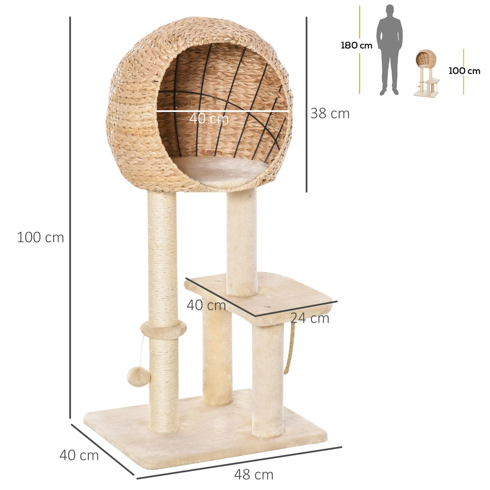 Cat Tree for Indoor Cats 100cm Kitten Climbing Tower Activity Center with Sisal Scratching Post Condo Perch Hanging Balls Teasing Rope Toy Cushion