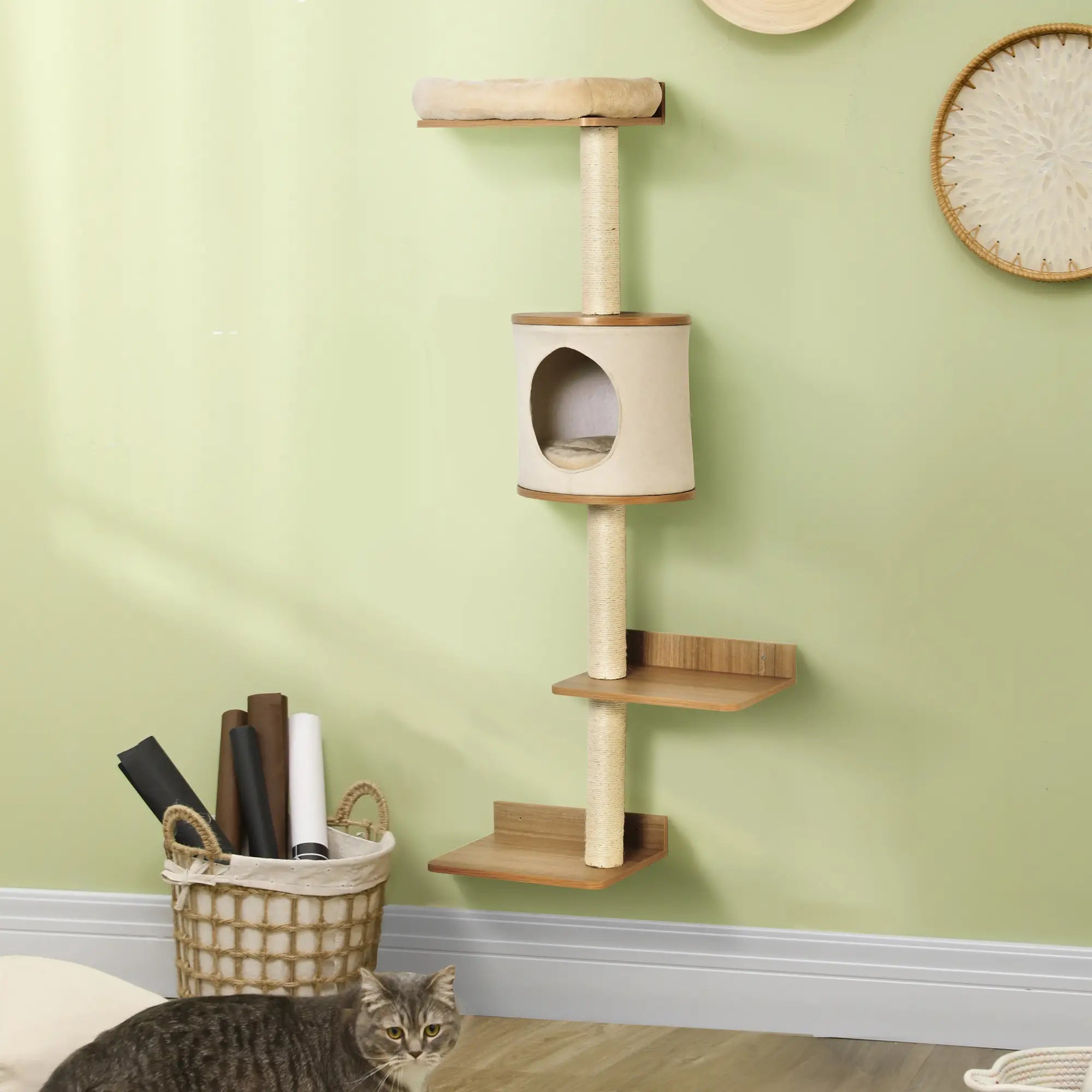 Wall-Mounted Cat Tree, with Cat House, Bed, Scratching Post - Beige
