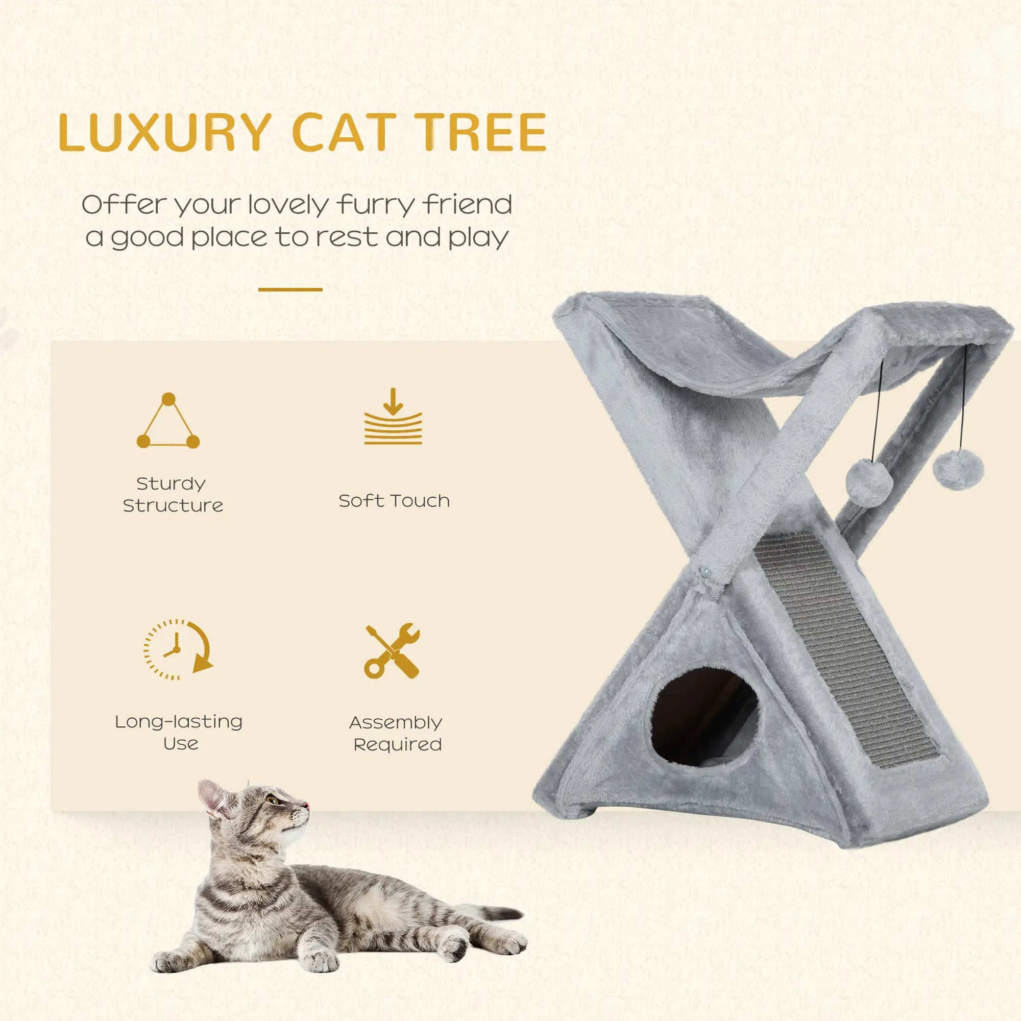 Two Tier Cat Tree for Indoor Cats Play Rest Activity Tower Plush Folding Relax Center w/ Scratching Post Hammock Pom Poms Grey