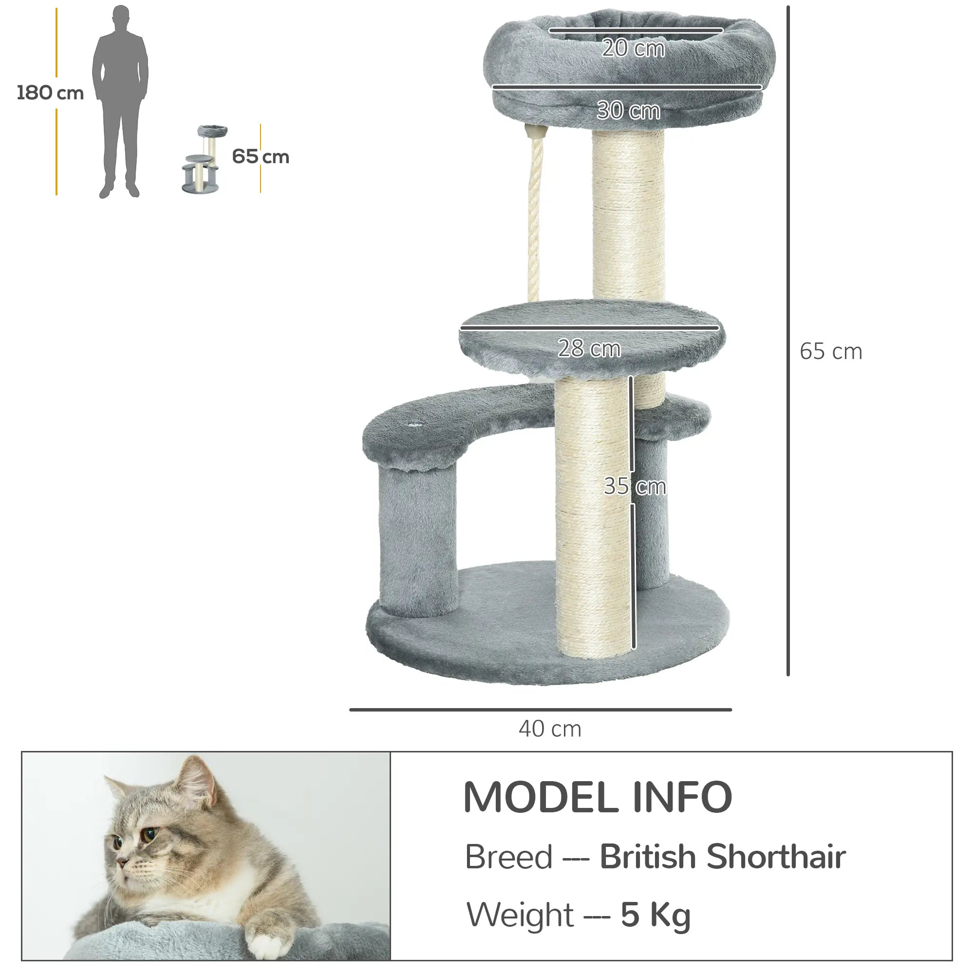 65cm Cat Tree, Cat Tower for Kittens, Small Cat Condo with Sisal Scratching Posts, Hanging Rope, Perches - Grey