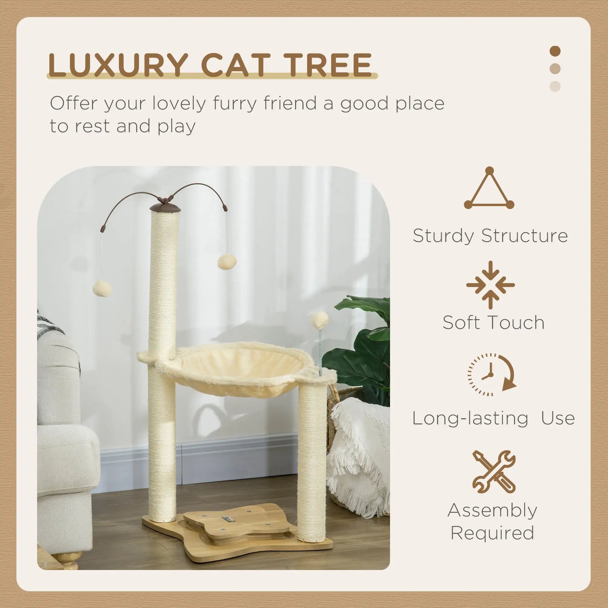 Cat Tree, with Scratching Posts, Hammock, Toy Ball - Beige